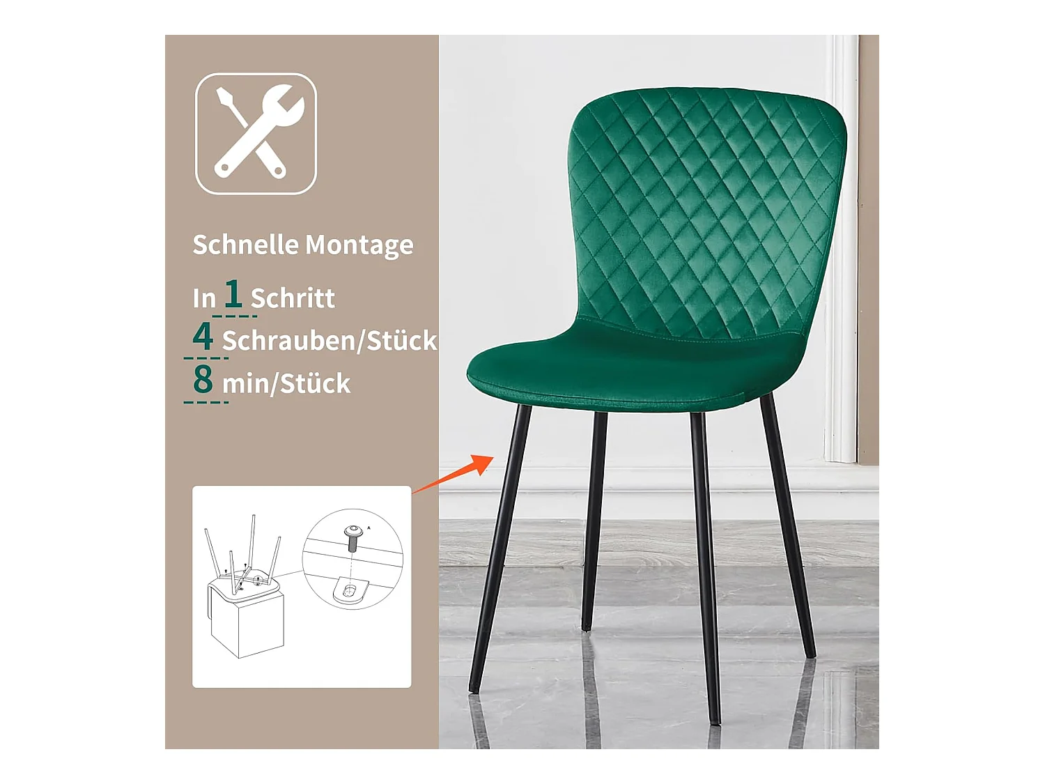 Lot de 4 chaises de salle à manger en velours avec dossier et pieds en métal - Style scandinave - Pour table à manger, chambre à coucher(4, vert)