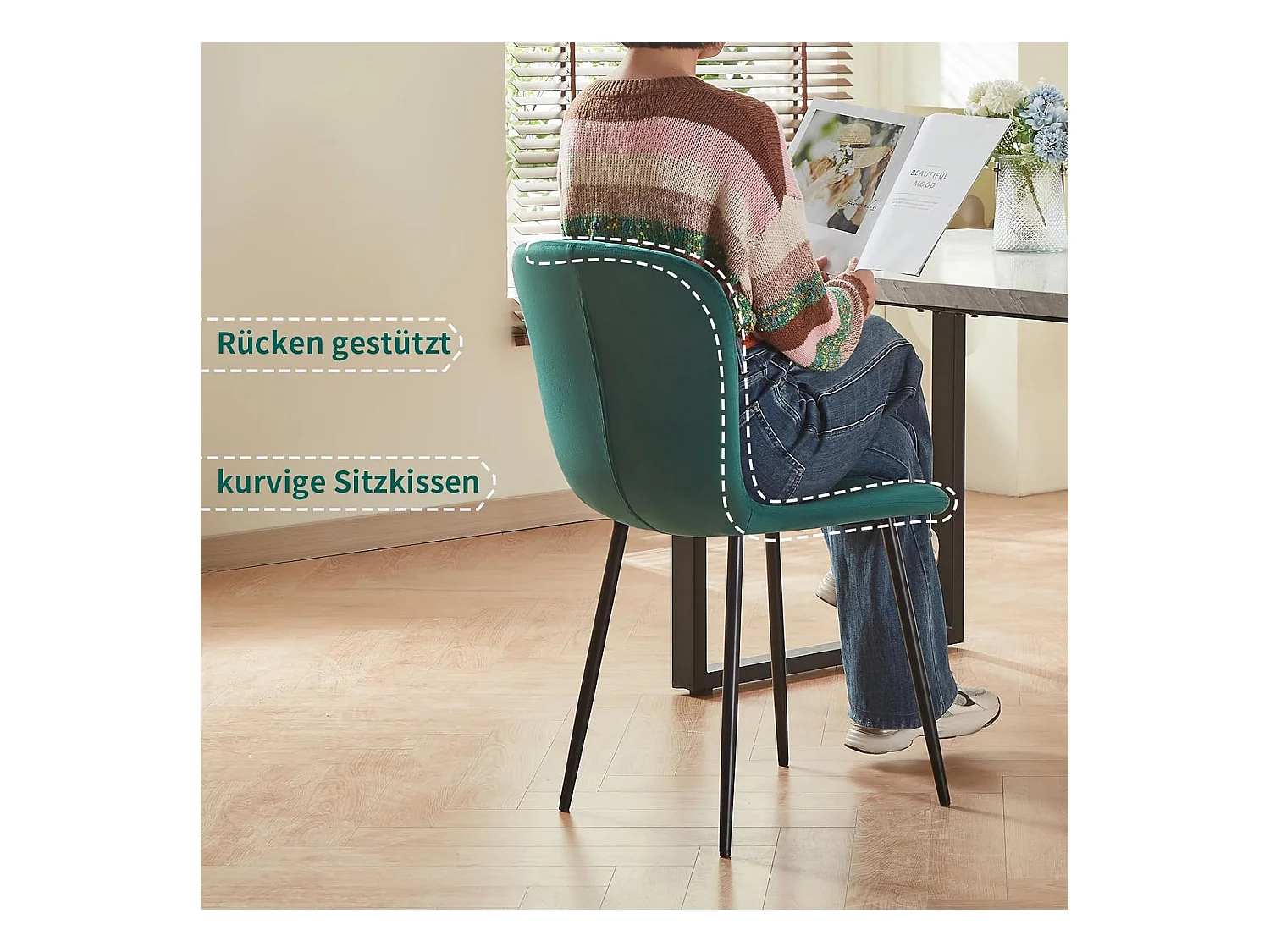 Lot de 4 chaises de salle à manger en velours avec dossier et pieds en métal - Style scandinave - Pour table à manger, chambre à coucher(4, vert)