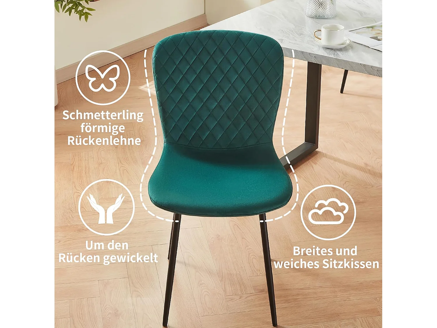 Lot de 4 chaises de salle à manger en velours avec dossier et pieds en métal - Style scandinave - Pour table à manger, chambre à coucher(4, vert)