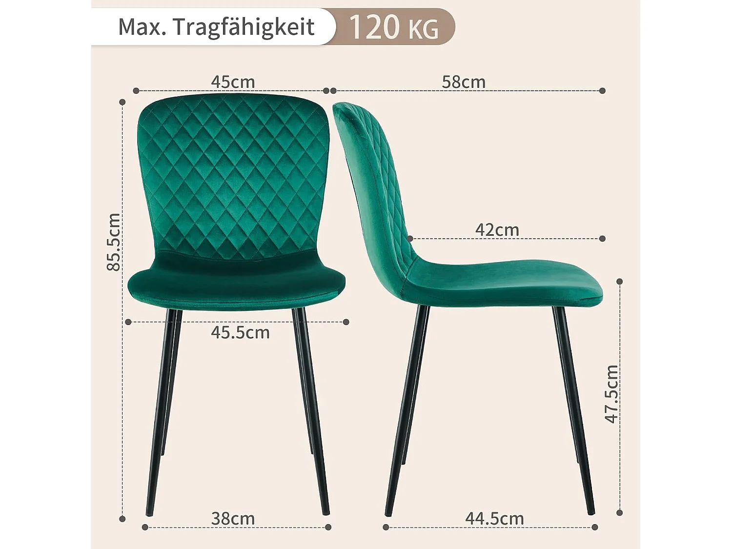 Lot de 4 chaises de salle à manger en velours avec dossier et pieds en métal - Style scandinave - Pour table à manger, chambre à coucher(4, vert)