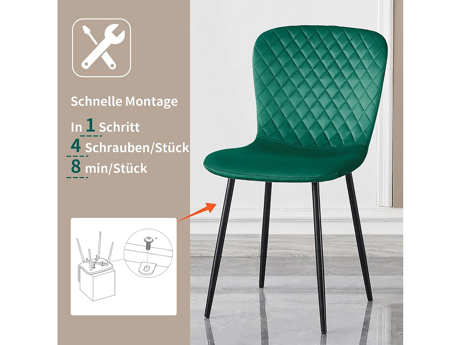 Lot de 4 chaises de salle à manger en velours avec dossier et pieds en métal - Style scandinave - Pour table à manger, chambre à coucher(4, vert)