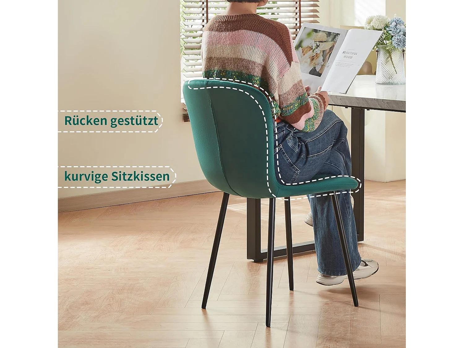 Lot de 4 chaises de salle à manger en velours avec dossier et pieds en métal - Style scandinave - Pour table à manger, chambre à coucher(4, vert)