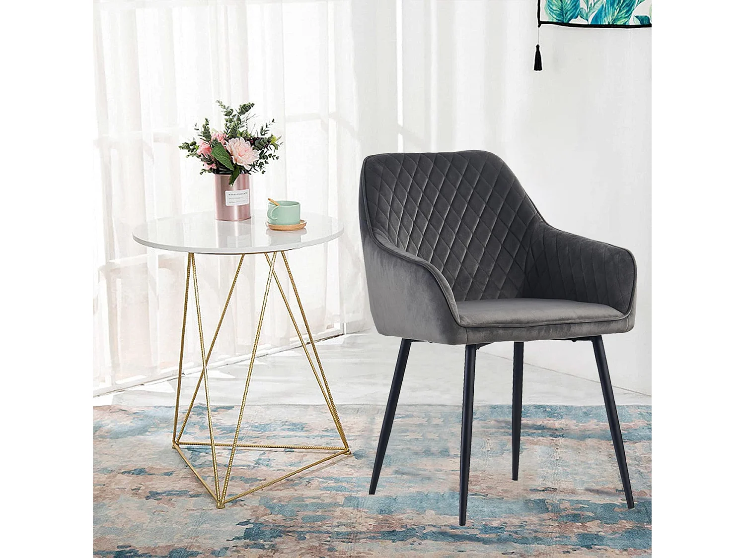 Lot de 2 Chaises Scandinaves en Velours avec Dossier et Accoudoirs, Siège Rembourés, pour Salle à manger, Bureau, Cuisine, Salon (2, Gris)