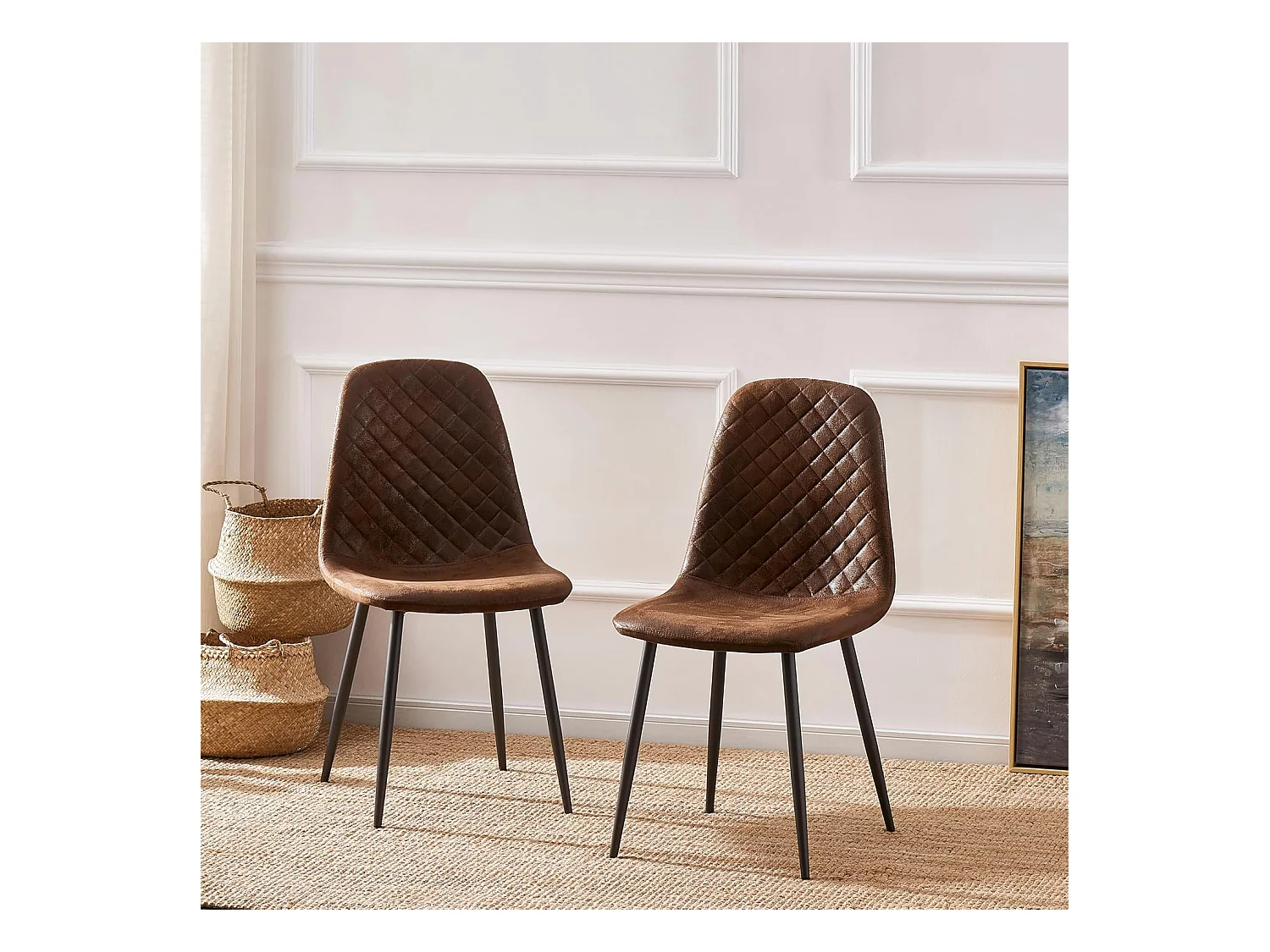 Lot de 2 Chaises Brunes Scandinaves, Chaises de Salle à Manger avec Dossier, Siège en Similicuir, Pieds en Métal pour Salon,Salle de Cuisine (2, Brun PU)