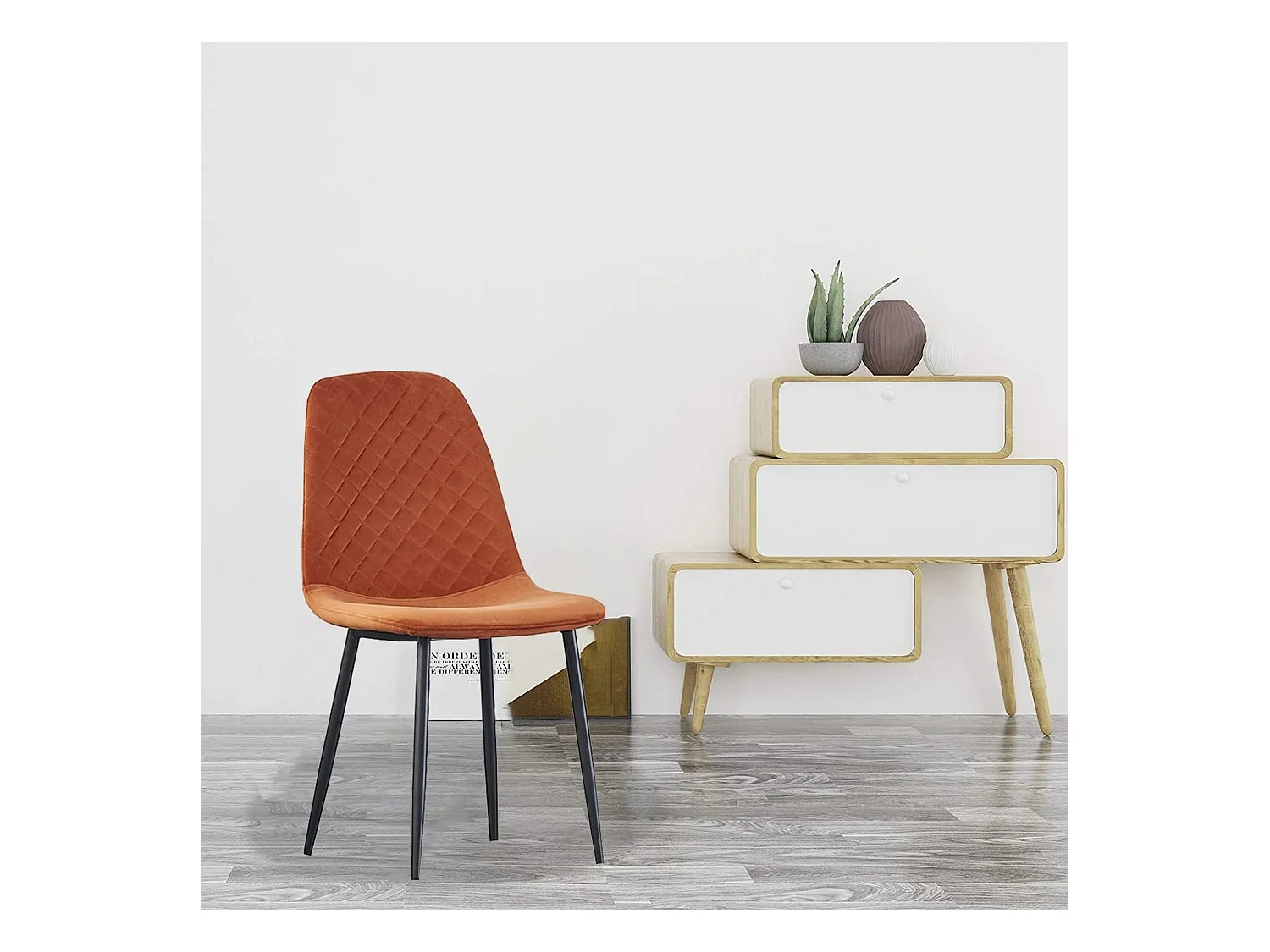 Lot de 4 Chaises Oranges Scandinaves, Chaises de Salle à Manger avec Dossier, Siège en Velours, Pieds en Métal pour Salon,Salle de Cuisine (4, Orange Velours)