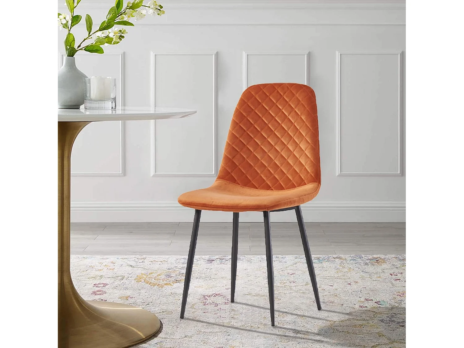 Lot de 4 Chaises Oranges Scandinaves, Chaises de Salle à Manger avec Dossier, Siège en Velours, Pieds en Métal pour Salon,Salle de Cuisine (4, Orange Velours)