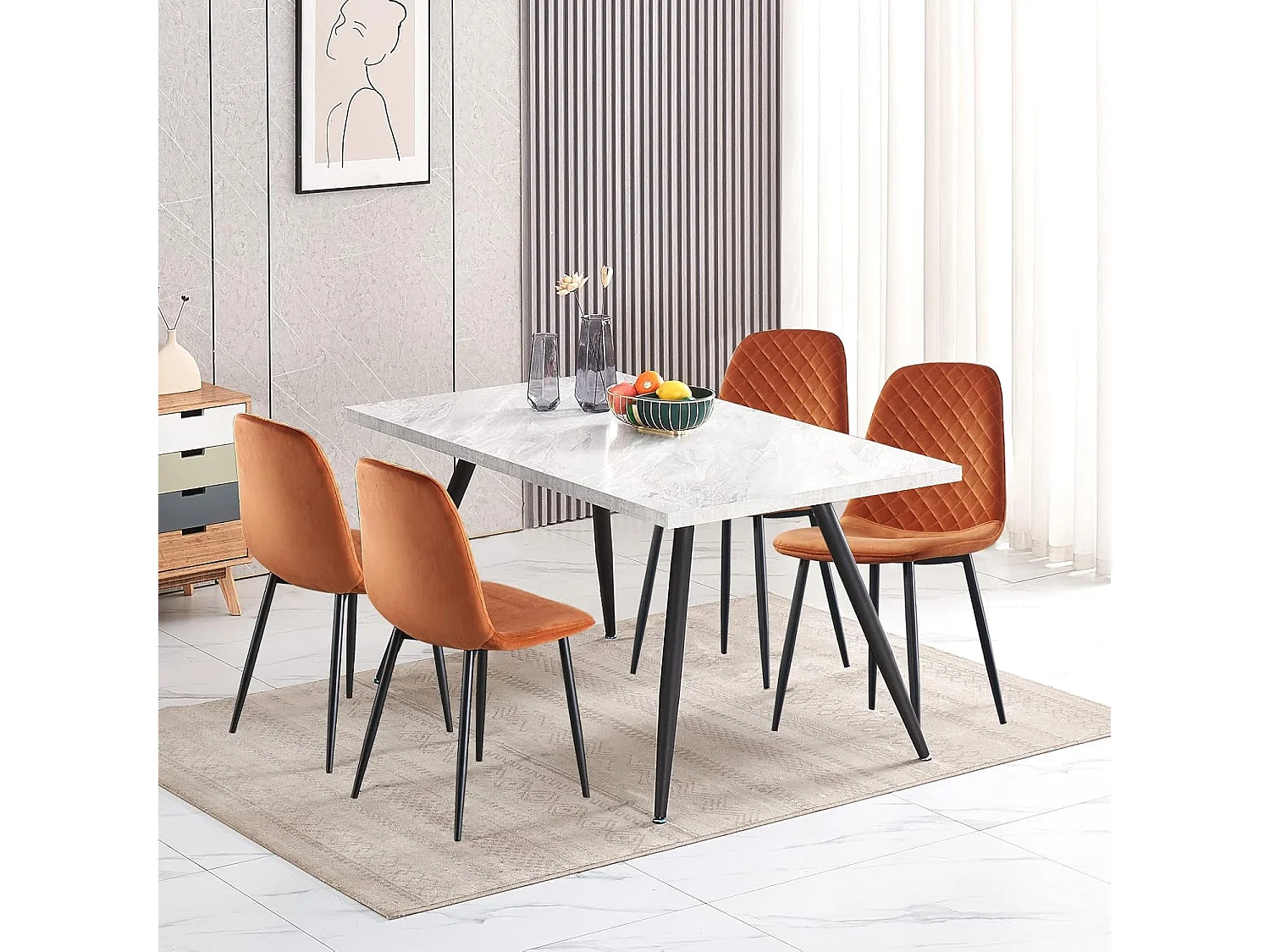 Lot de 4 Chaises Oranges Scandinaves, Chaises de Salle à Manger avec Dossier, Siège en Velours, Pieds en Métal pour Salon,Salle de Cuisine (4, Orange Velours)