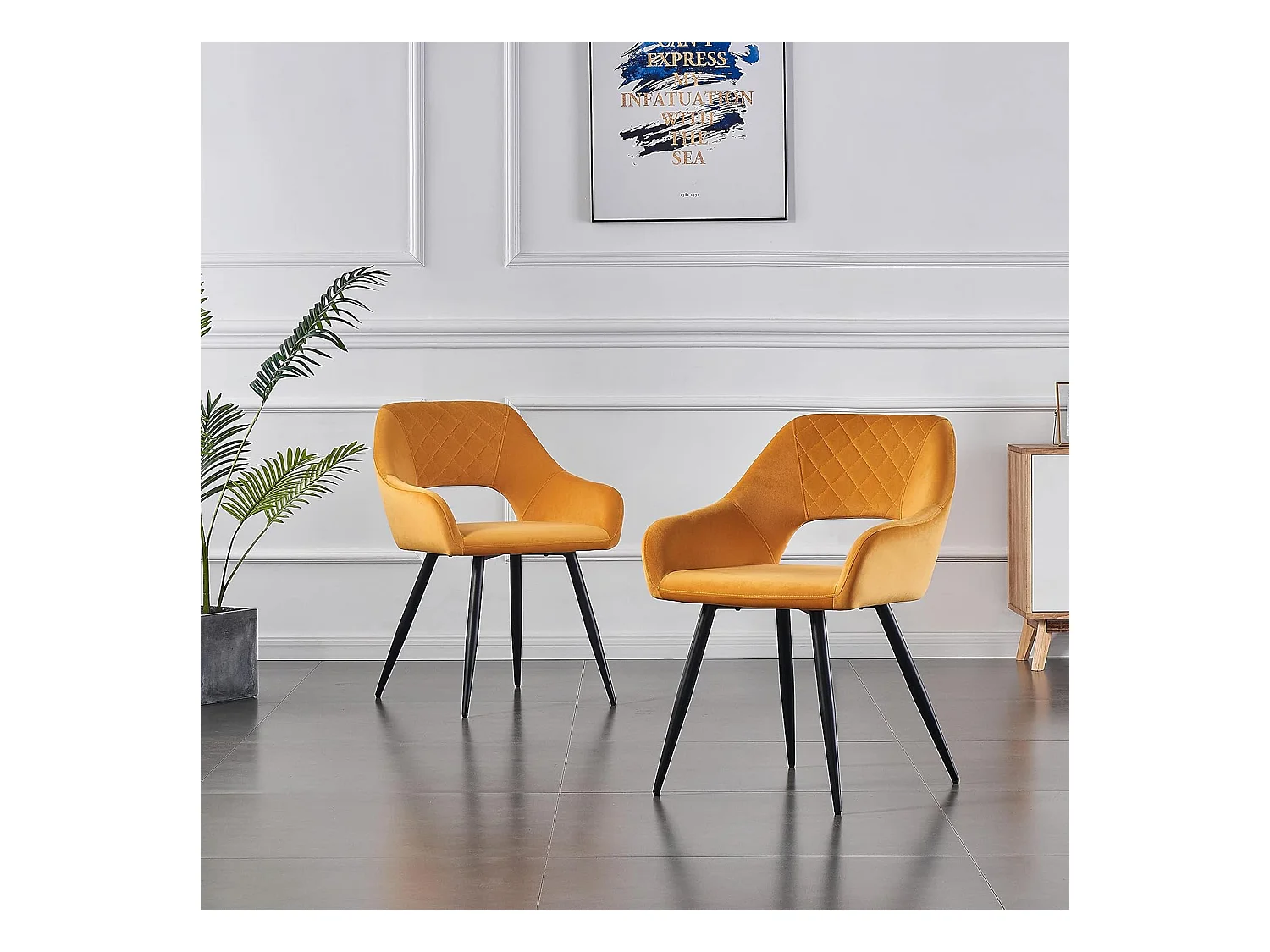 Lot de 2 Chaises en Velours Scandinaves avec Dossier et Accoudoirs Capitonnés, pour Bureau,Cuisine (2, Jaune)