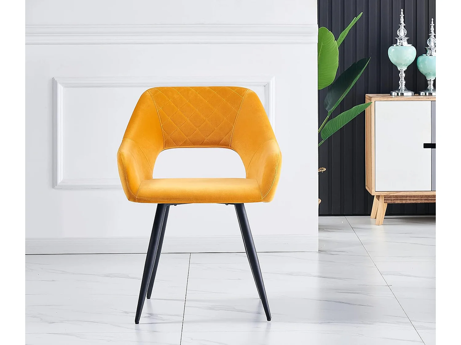 Lot de 2 Chaises en Velours Scandinaves avec Dossier et Accoudoirs Capitonnés, pour Bureau,Cuisine (2, Jaune)