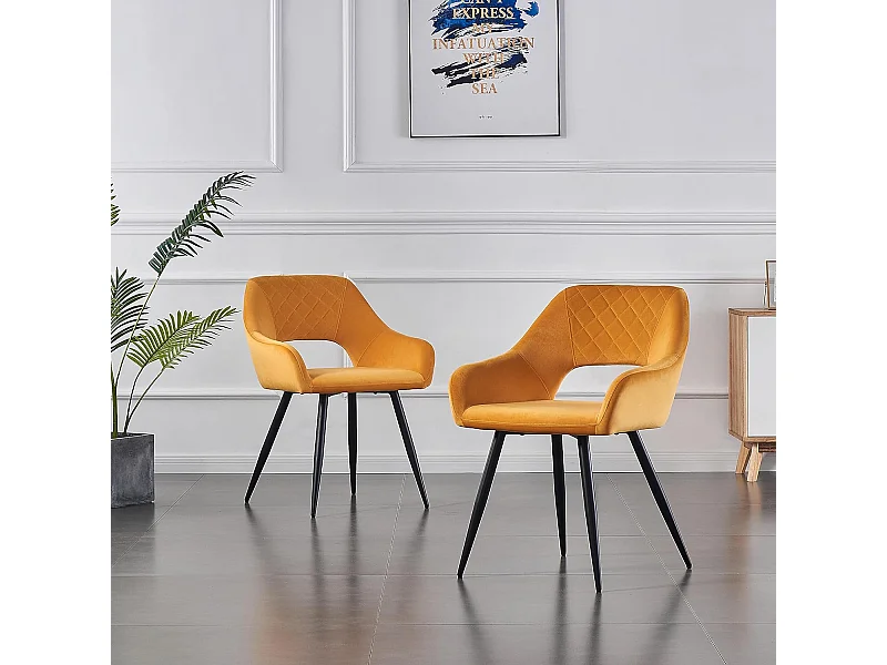 Lot de 2 Chaises en Velours Scandinaves avec Dossier et Accoudoirs Capitonnés, pour Bureau,Cuisine (2, Jaune)