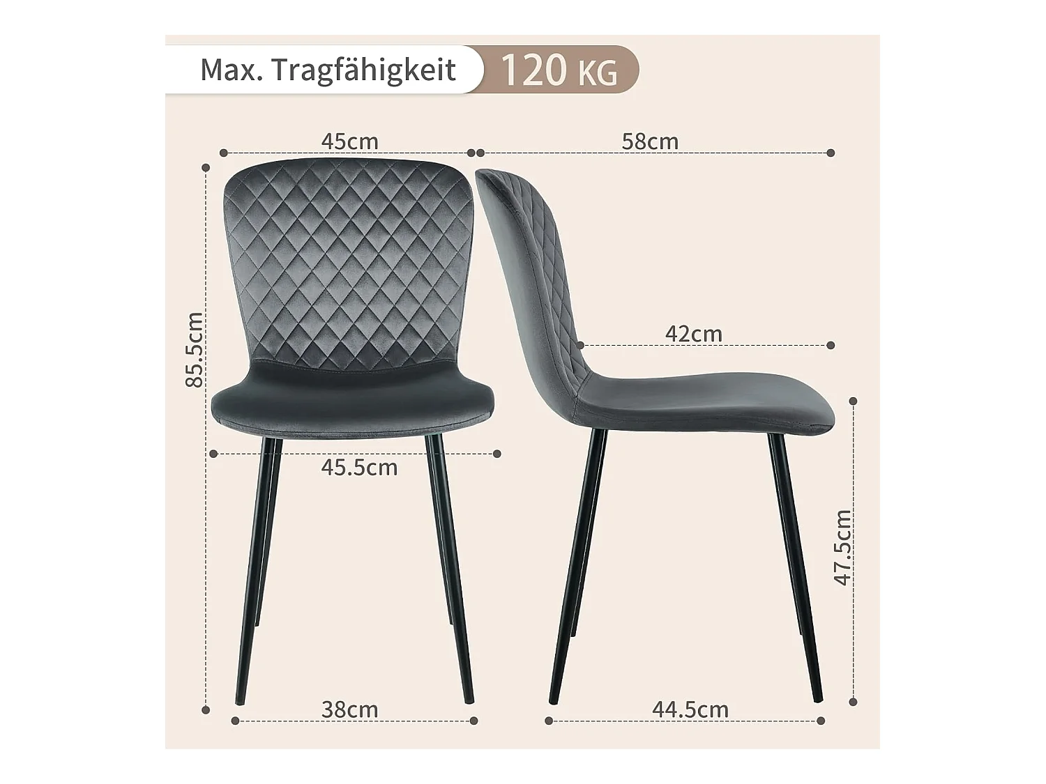 Lot de 4 chaises de salle à manger en velours avec dossier et pieds en métal - Style scandinave - Pour table à manger, chambre à coucher (4, gris)