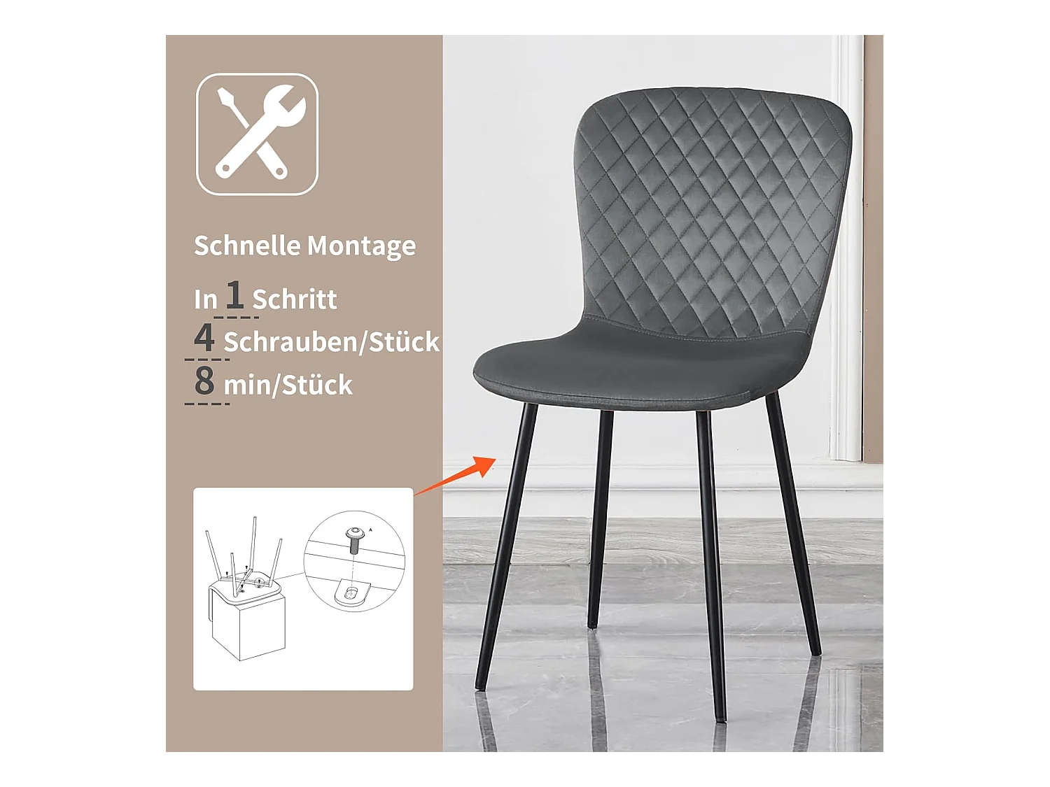 Lot de 4 chaises de salle à manger en velours avec dossier et pieds en métal - Style scandinave - Pour table à manger, chambre à coucher (4, gris)