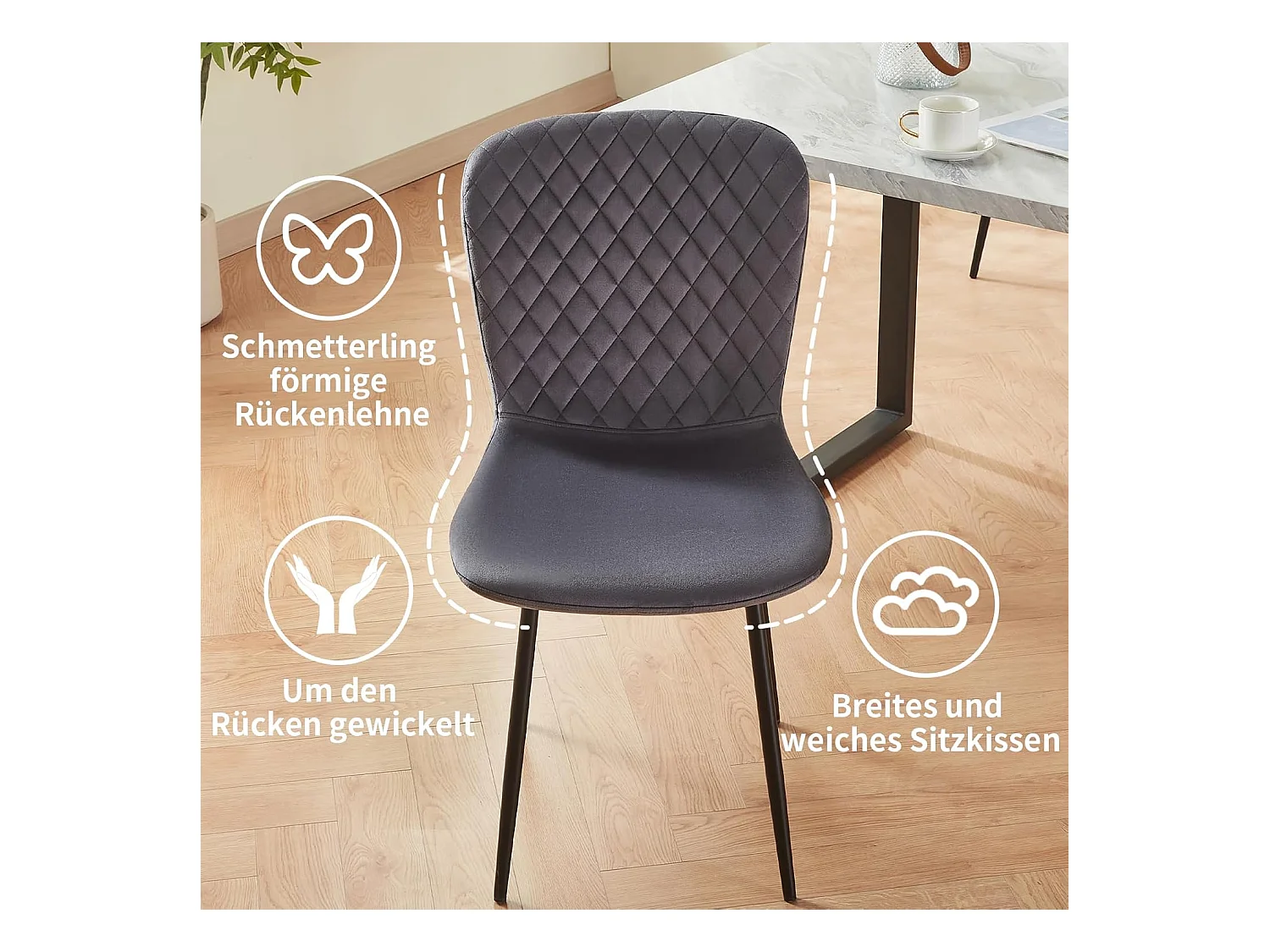 Lot de 4 chaises de salle à manger en velours avec dossier et pieds en métal - Style scandinave - Pour table à manger, chambre à coucher (4, gris)