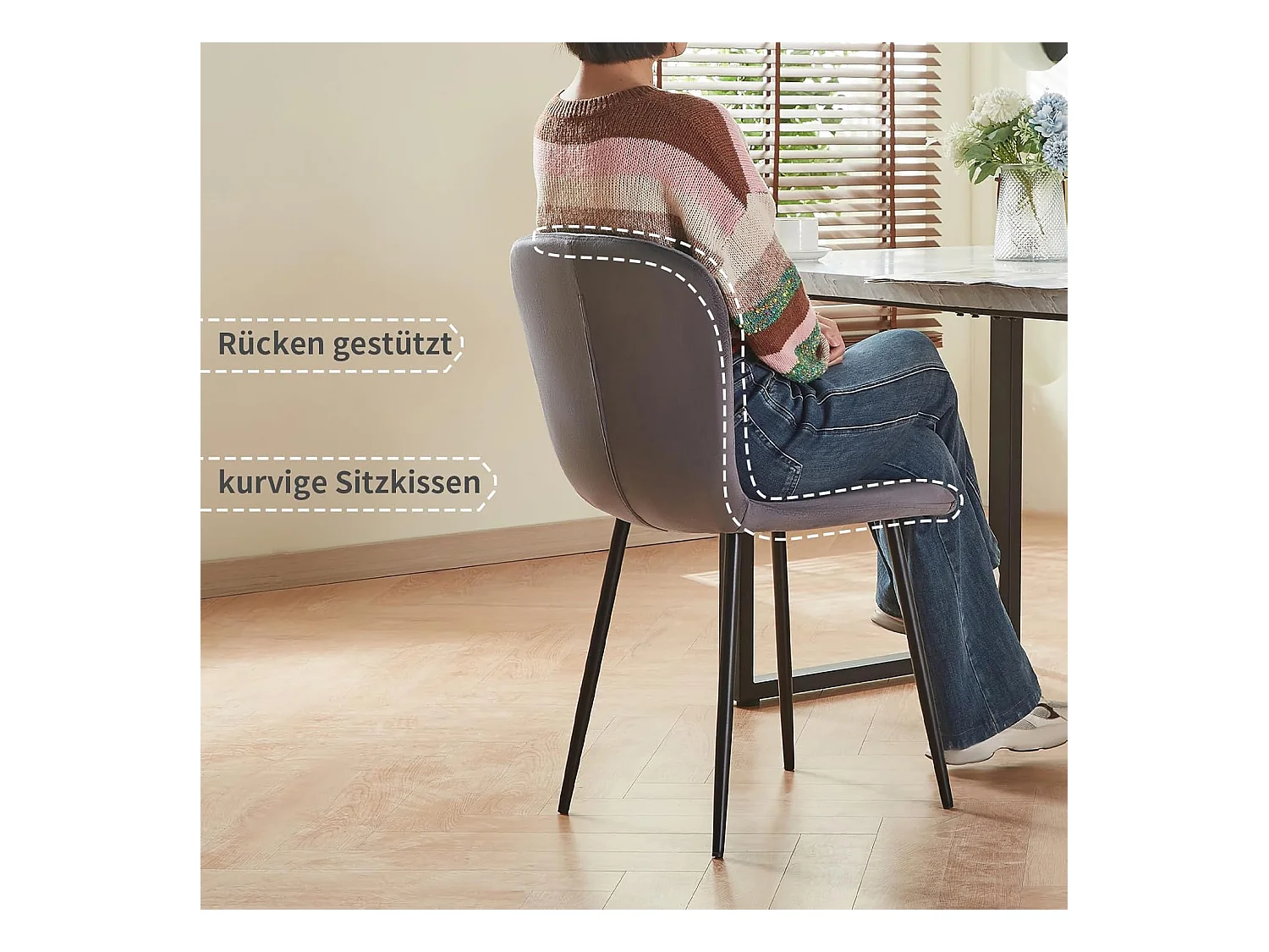 Lot de 4 chaises de salle à manger en velours avec dossier et pieds en métal - Style scandinave - Pour table à manger, chambre à coucher (4, gris)