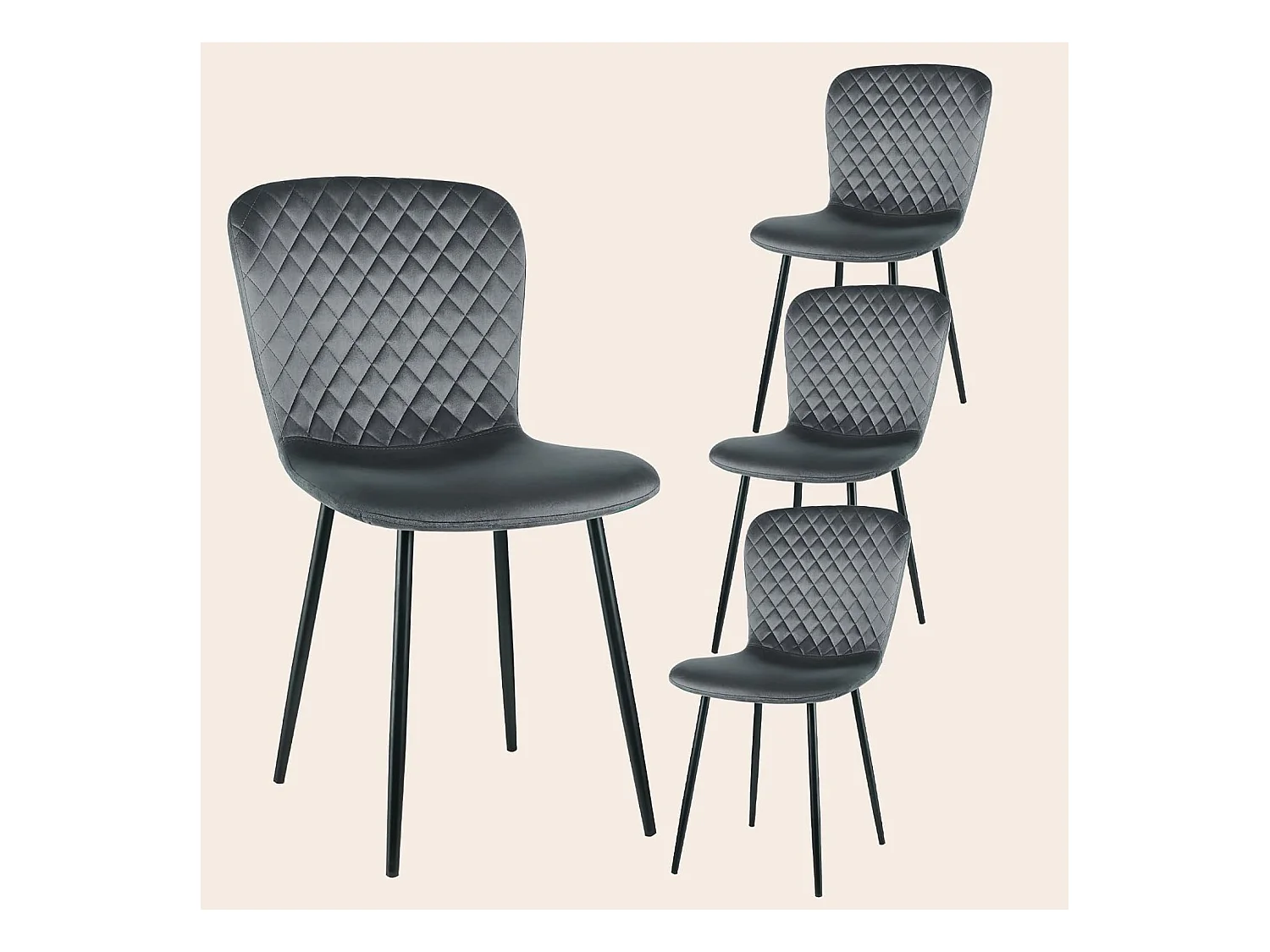 Lot de 4 chaises de salle à manger en velours avec dossier et pieds en métal - Style scandinave - Pour table à manger, chambre à coucher (4, gris)