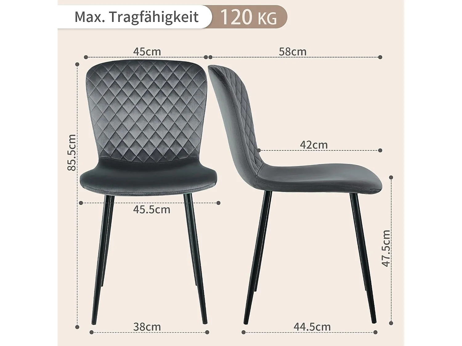 Lot de 4 chaises de salle à manger en velours avec dossier et pieds en métal - Style scandinave - Pour table à manger, chambre à coucher (4, gris)