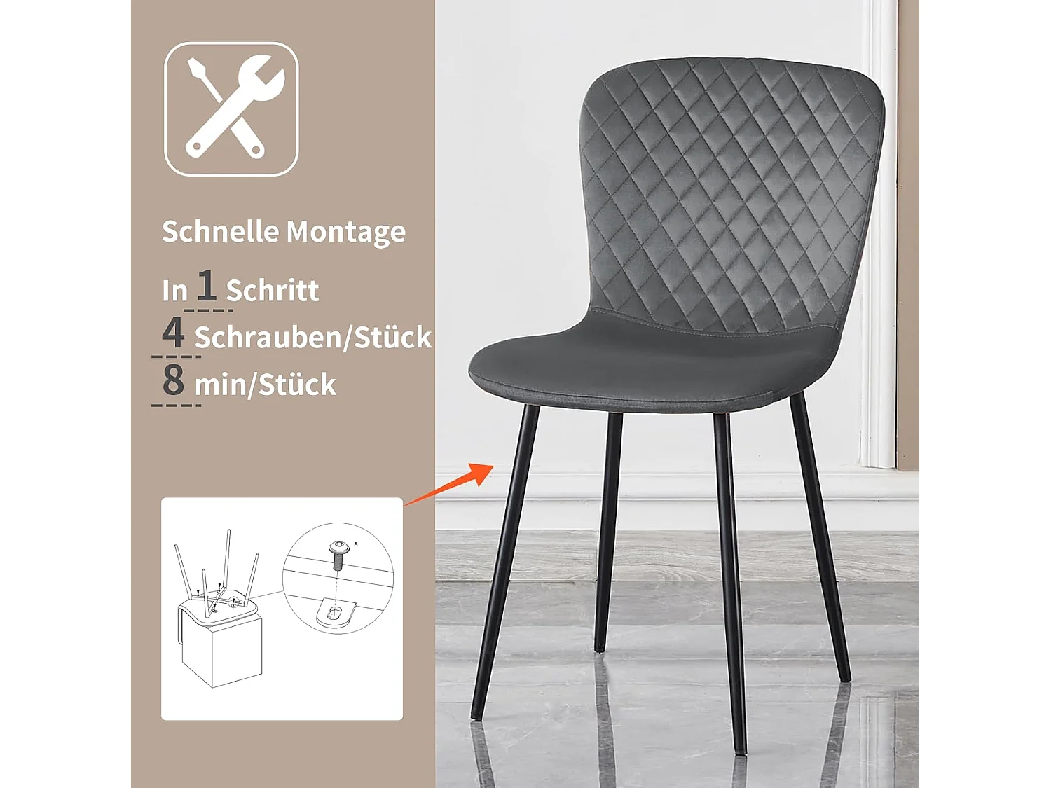 Lot de 4 chaises de salle à manger en velours avec dossier et pieds en métal - Style scandinave - Pour table à manger, chambre à coucher (4, gris)