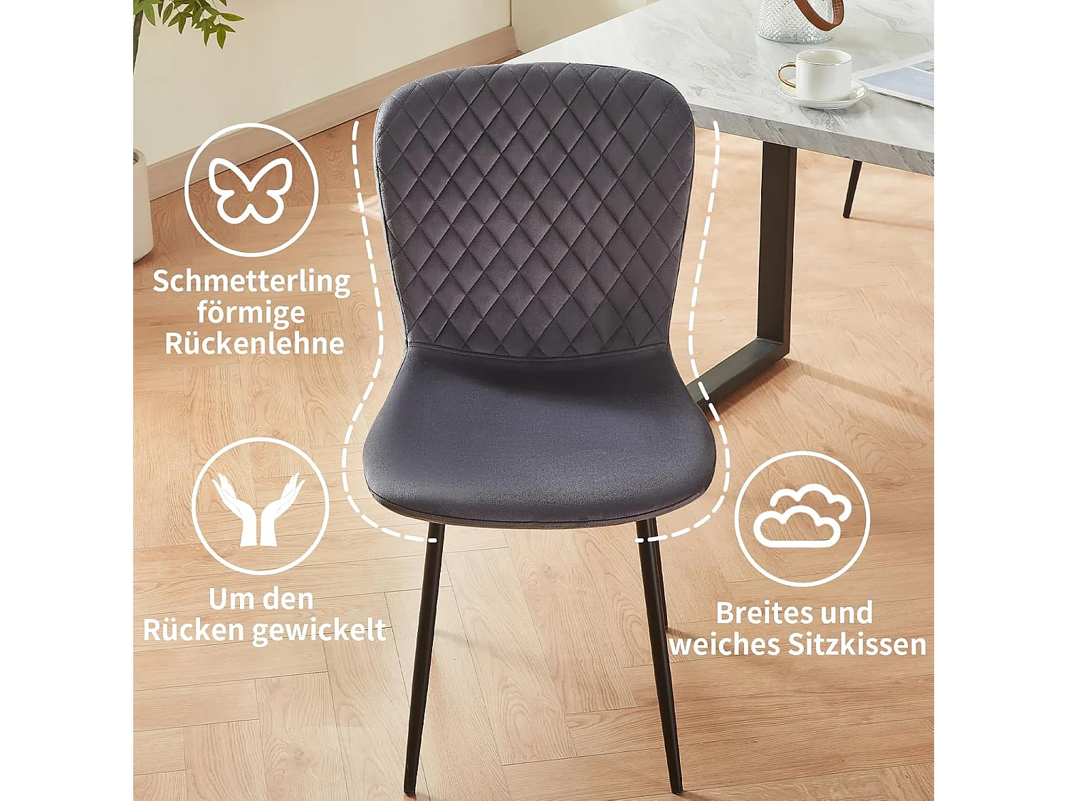 Lot de 4 chaises de salle à manger en velours avec dossier et pieds en métal - Style scandinave - Pour table à manger, chambre à coucher (4, gris)