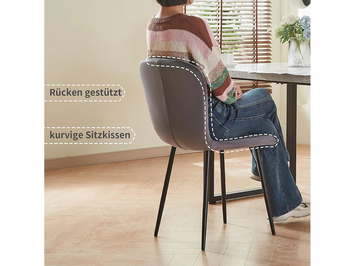 Lot de 4 chaises de salle à manger en velours avec dossier et pieds en métal - Style scandinave - Pour table à manger, chambre à coucher (4, gris)