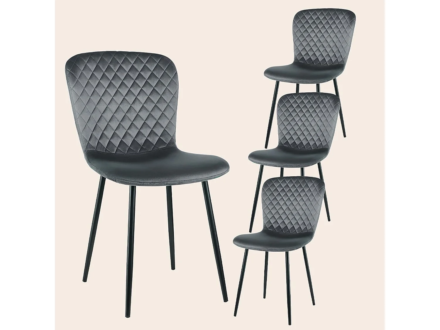 Lot de 4 chaises de salle à manger en velours avec dossier et pieds en métal - Style scandinave - Pour table à manger, chambre à coucher (4, gris)