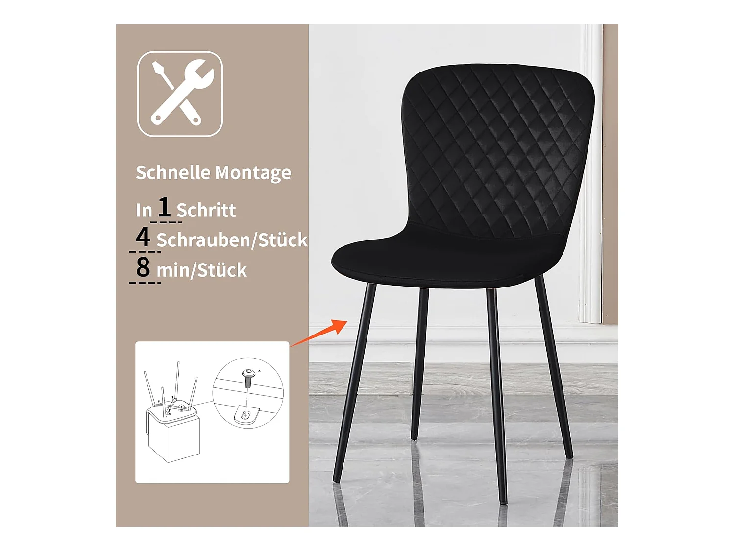 Lot de 4 chaises de salle à manger en velours avec dossier et pieds en métal - Style scandinave - Pour table à manger, chambre à coucher(4, Noir)