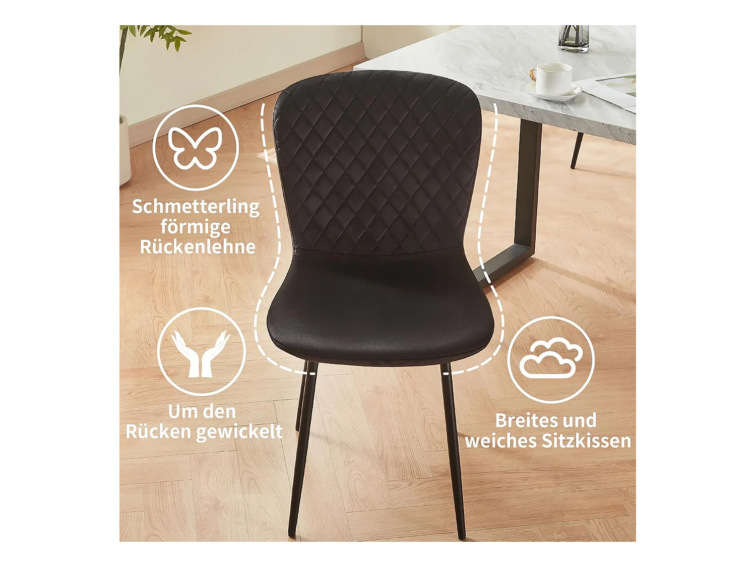 Lot de 4 chaises de salle à manger en velours avec dossier et pieds en métal - Style scandinave - Pour table à manger, chambre à coucher(4, Noir)