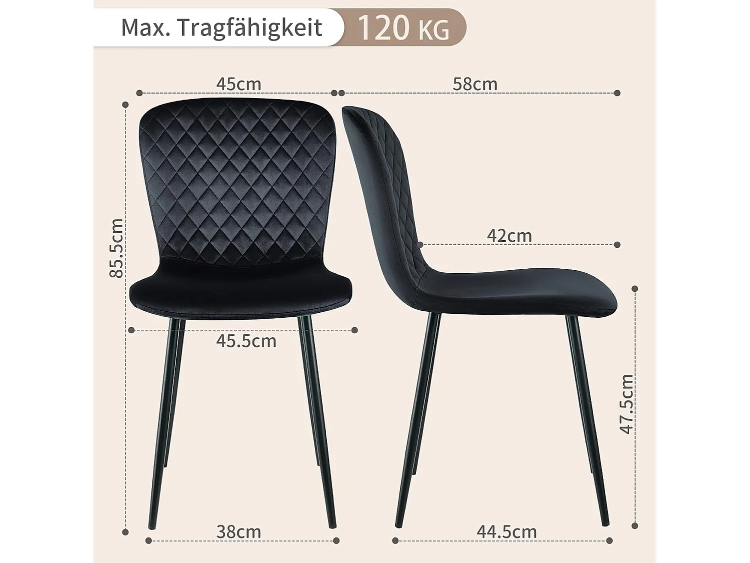 Lot de 4 chaises de salle à manger en velours avec dossier et pieds en métal - Style scandinave - Pour table à manger, chambre à coucher(4, Noir)