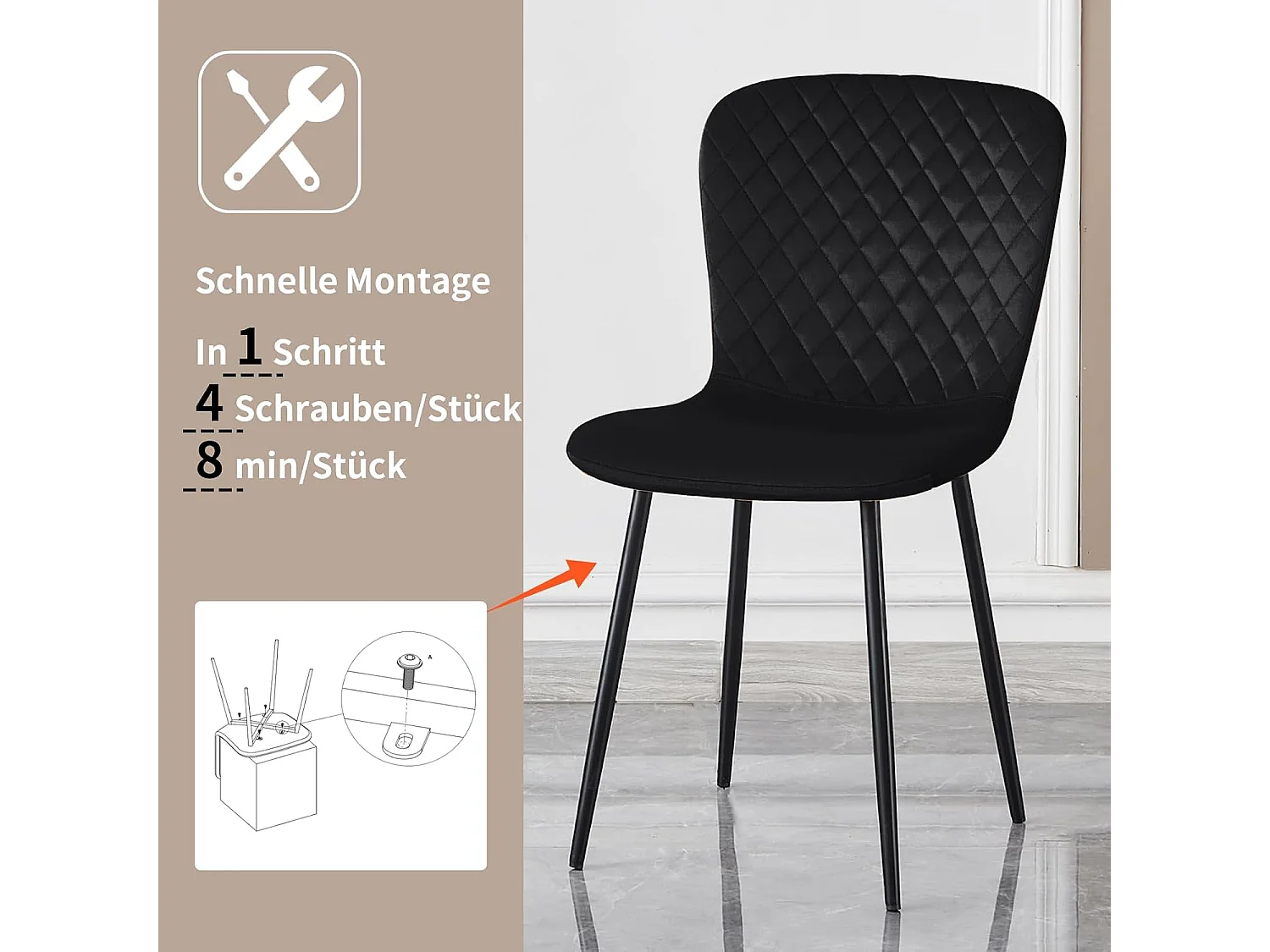 Lot de 4 chaises de salle à manger en velours avec dossier et pieds en métal - Style scandinave - Pour table à manger, chambre à coucher(4, Noir)