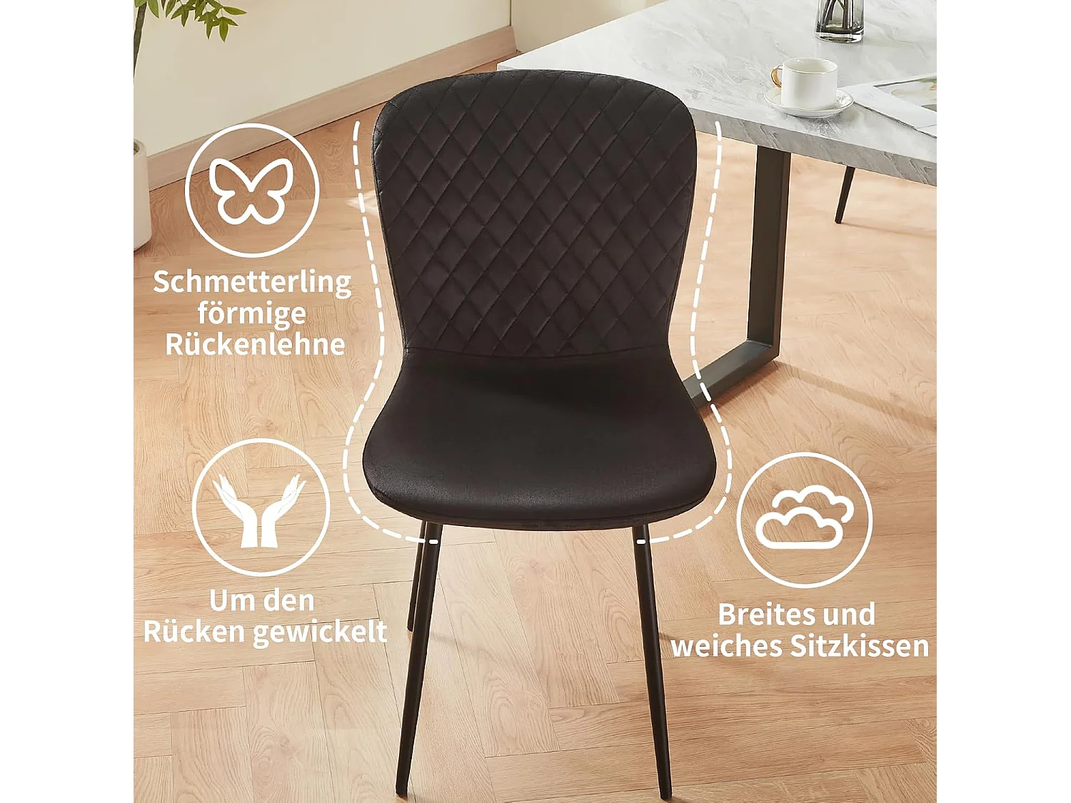 Lot de 4 chaises de salle à manger en velours avec dossier et pieds en métal - Style scandinave - Pour table à manger, chambre à coucher(4, Noir)