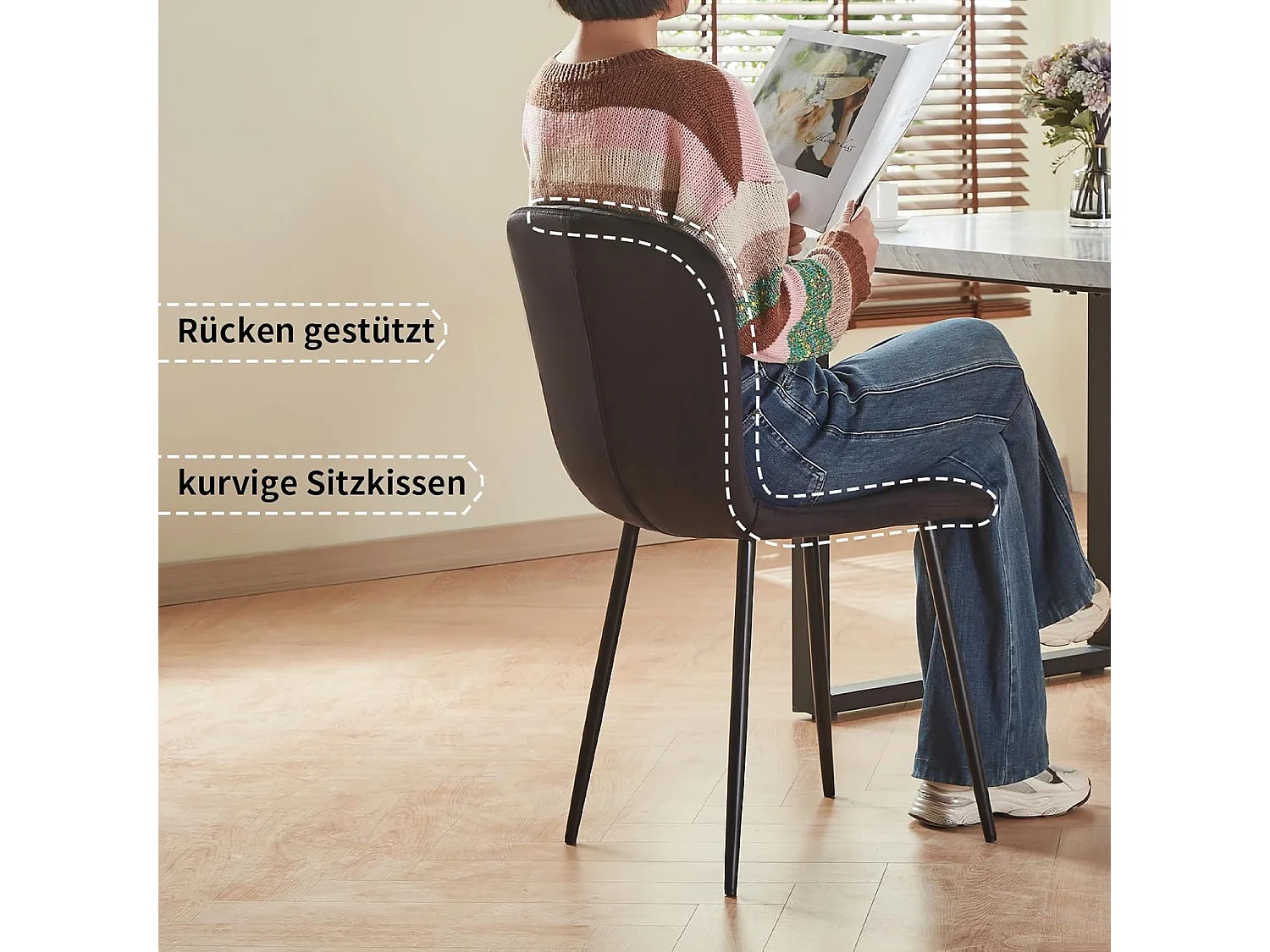 Lot de 4 chaises de salle à manger en velours avec dossier et pieds en métal - Style scandinave - Pour table à manger, chambre à coucher(4, Noir)