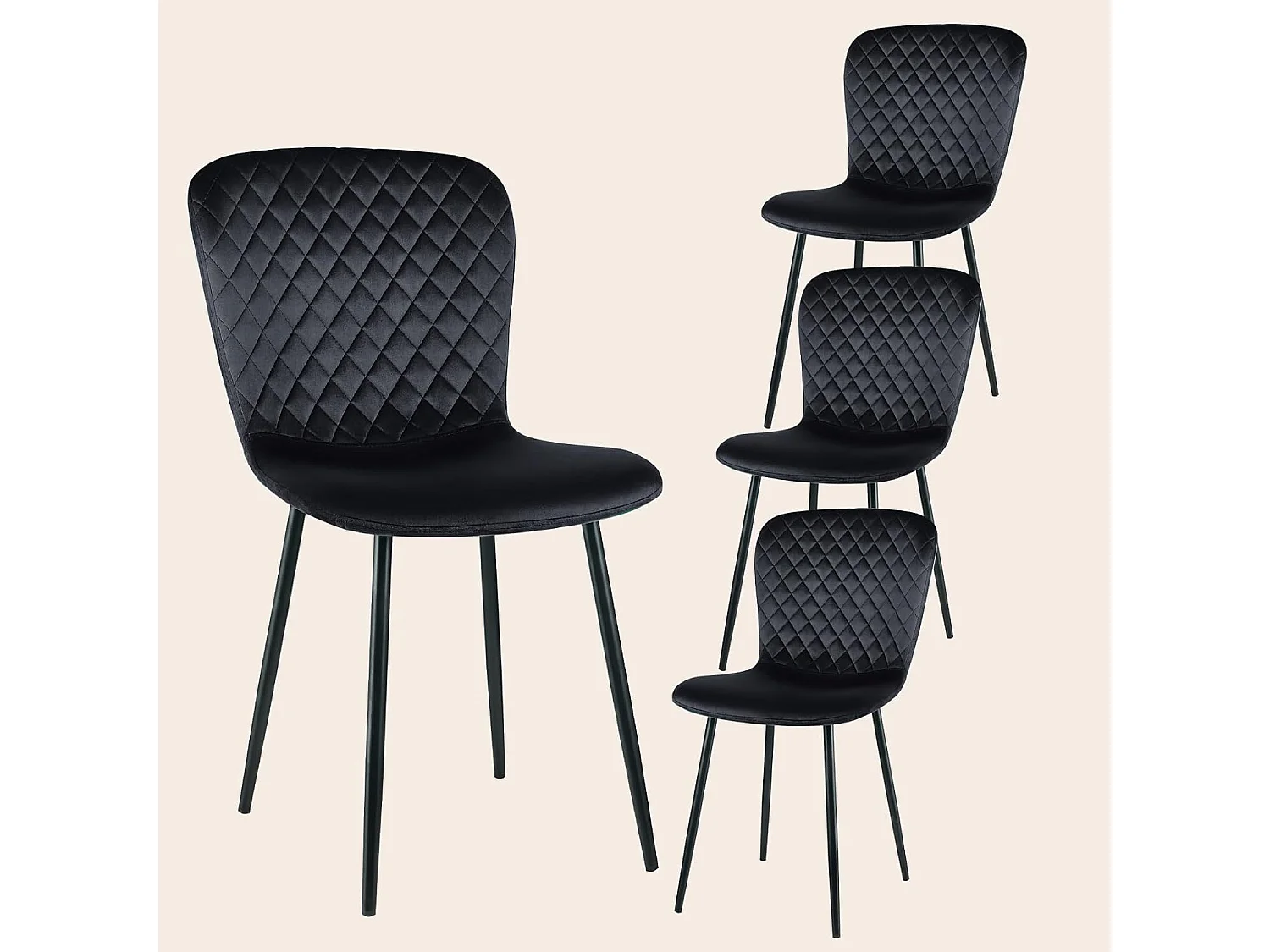 Lot de 4 chaises de salle à manger en velours avec dossier et pieds en métal - Style scandinave - Pour table à manger, chambre à coucher(4, Noir)