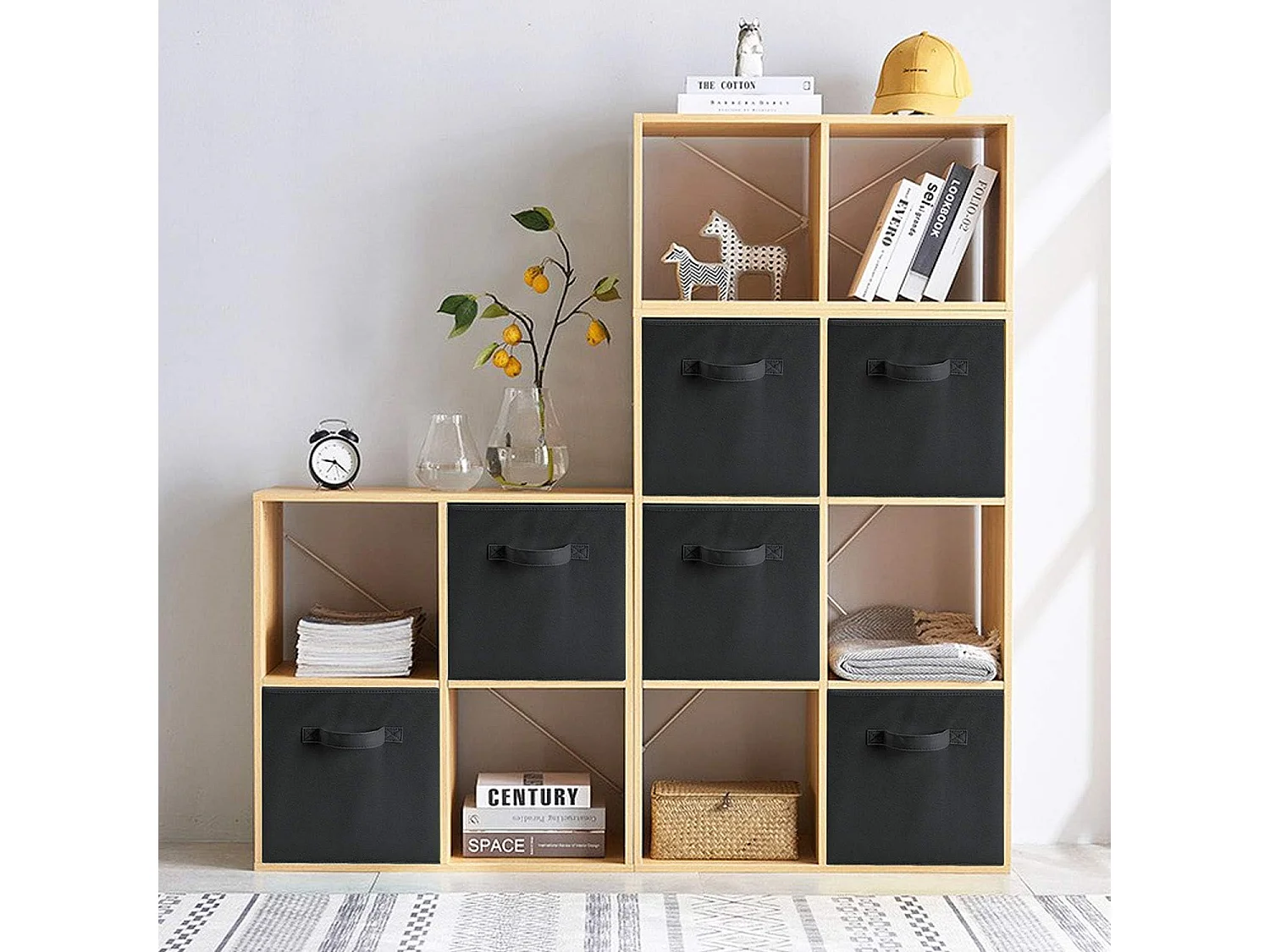 Lot de 4 Boîtes de Rangement en Toile Pliable, non tissée, Paniers de Rangement avec Poignées, 27 x 27 x 28 cm-pour vêtements, livres, jouets (Noir)