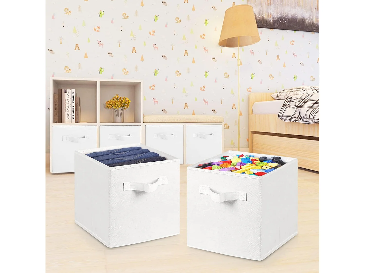 Lot de 4 Boîtes de Rangement en Toile Pliable, non tissée, Paniers de Rangement avec Poignées, 27 x 27 x 28 cm-pour vêtements, livres, jouets (Blanc)