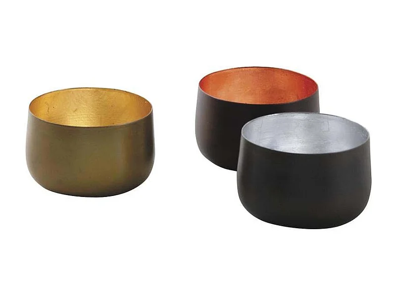 Lot de 3 photophores ronds en métal noir – Intérieur doré, bronze et argent