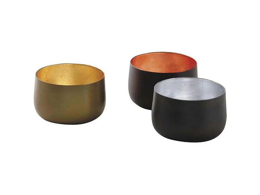 Lot de 3 photophores ronds en métal noir – Intérieur doré, bronze et argent