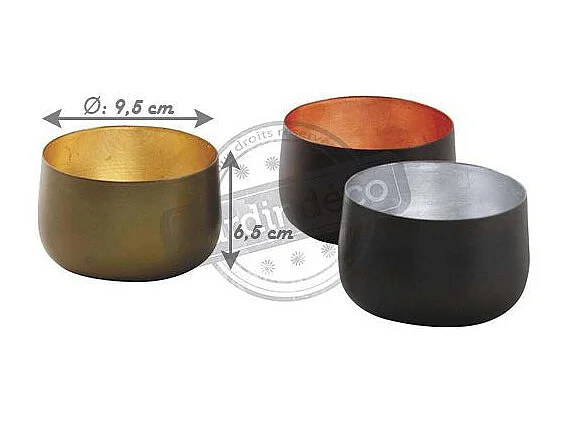 Lot de 3 photophores ronds en métal noir – Intérieur doré, bronze et argent