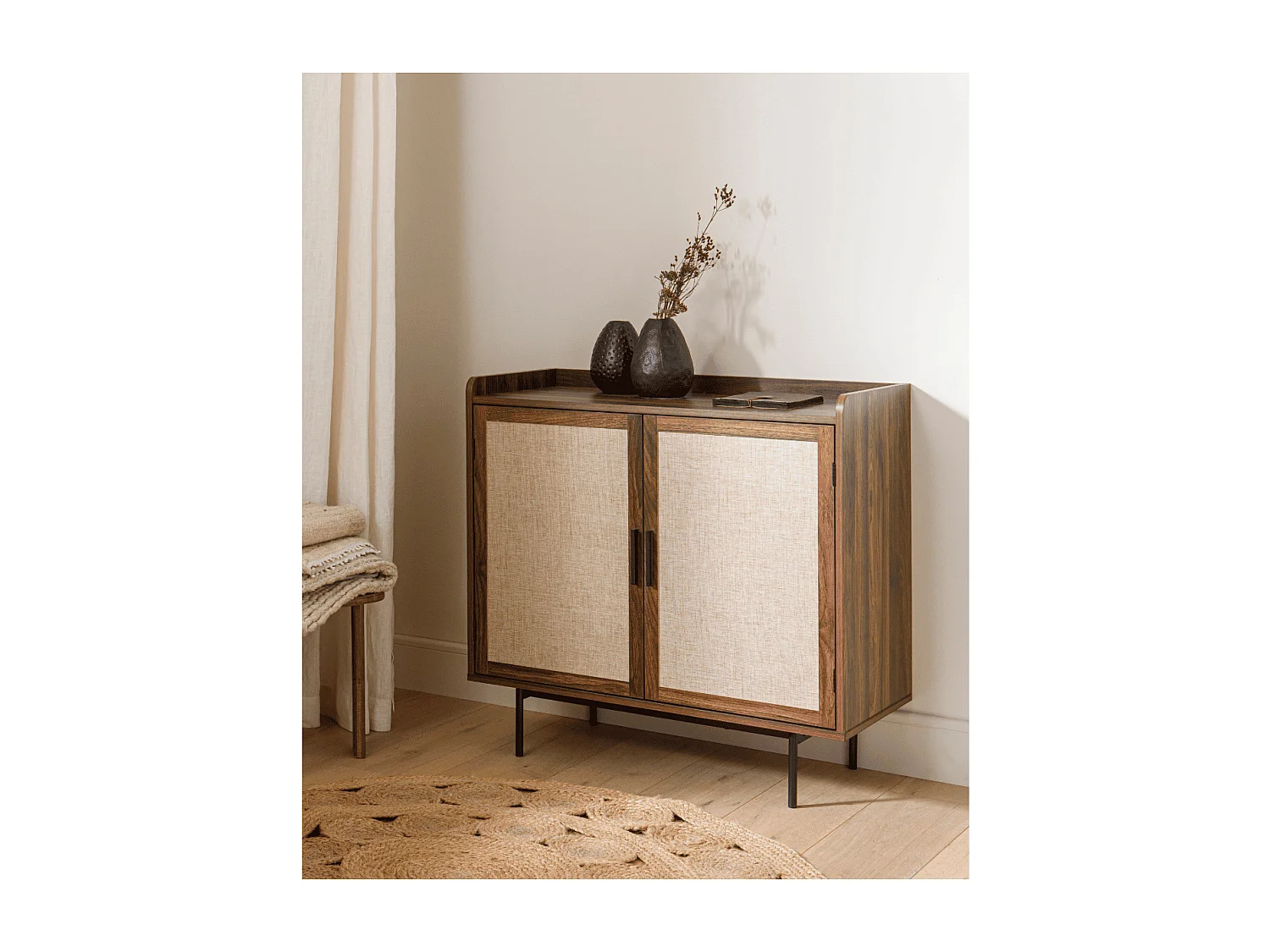 Buffet 2 portes décor noyer avec façades en tissu  L80 cm - JETSON