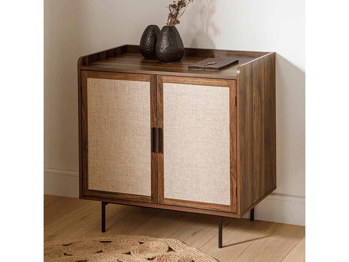 Buffet 2 portes décor noyer avec façades en tissu  L80 cm - JETSON