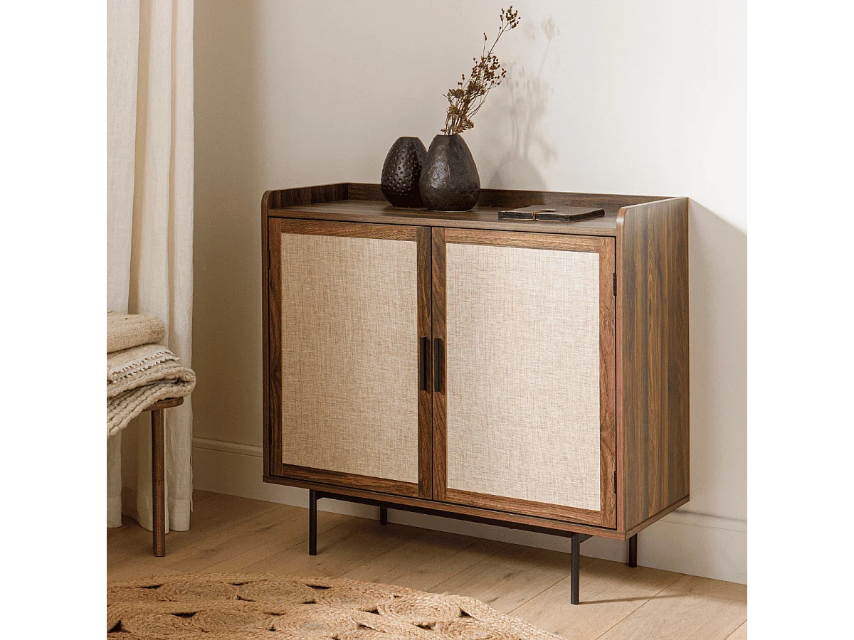 Credenza a 2 ante con finitura noce e frontali in tessuto L80 cm - JETSON