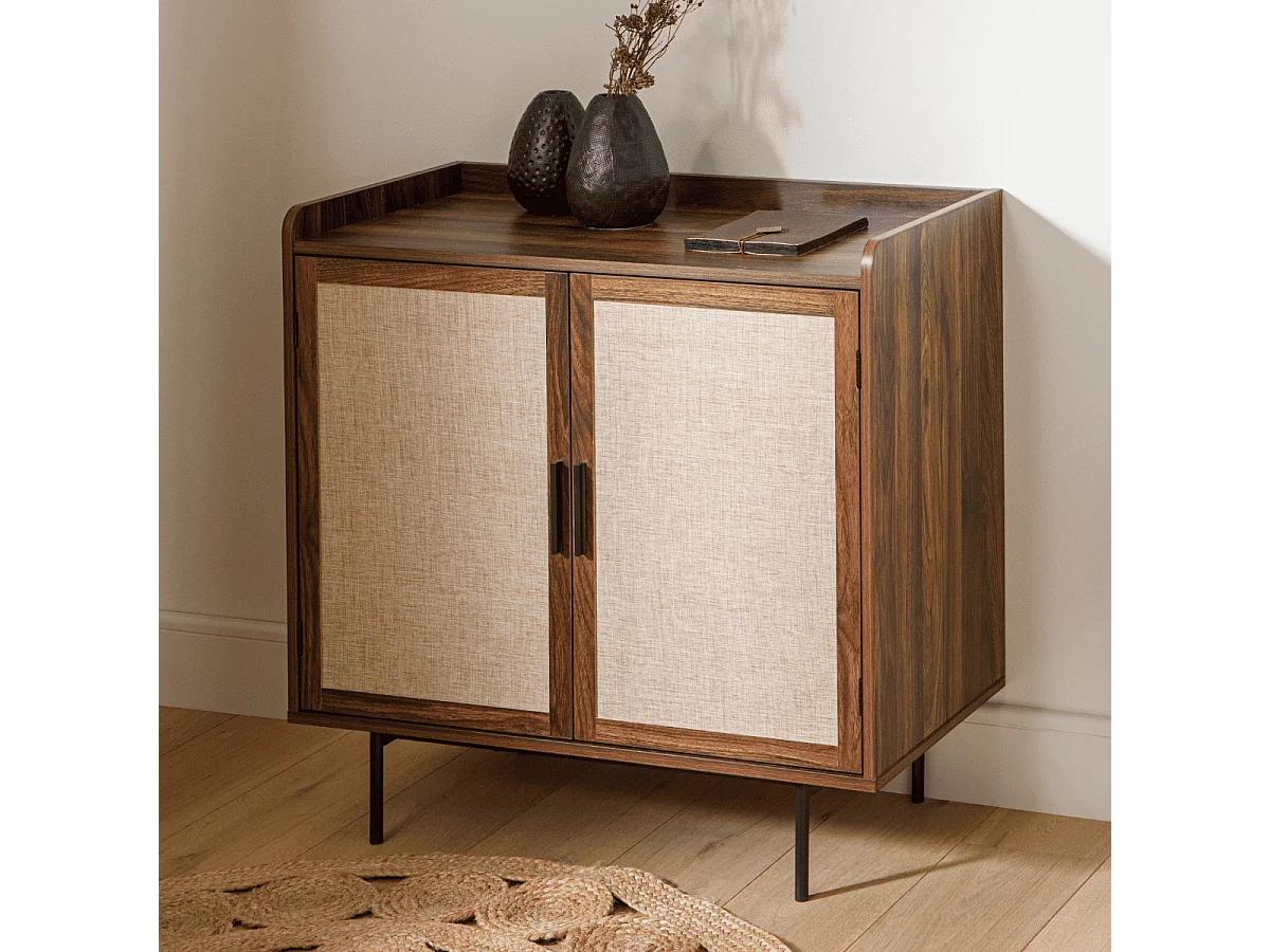 Credenza a 2 ante con finitura noce e frontali in tessuto L80 cm - JETSON