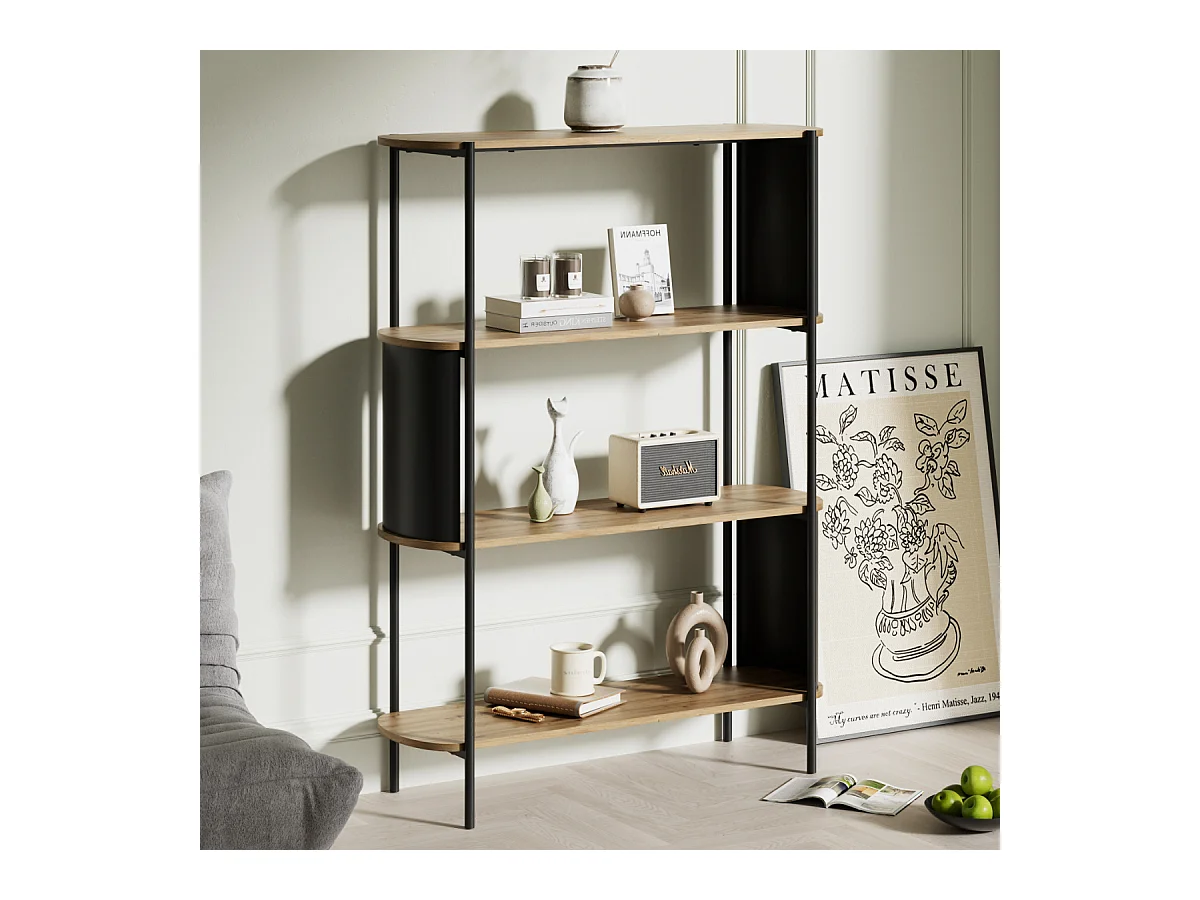 Etagère 4 niveaux décor bois avec flancs en métal noir H134 cm - EKLO