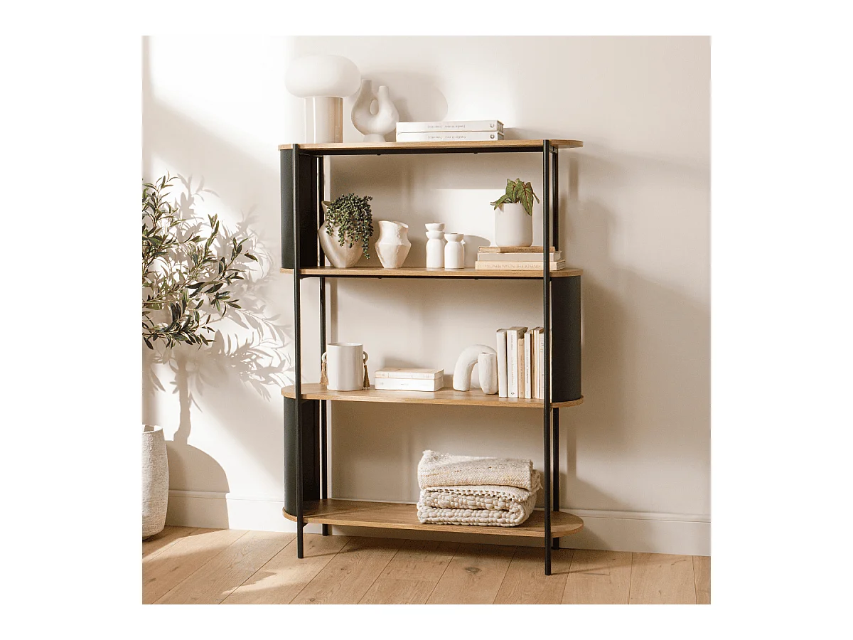 Etagère 4 niveaux décor bois avec flancs en métal noir H134 cm - EKLO