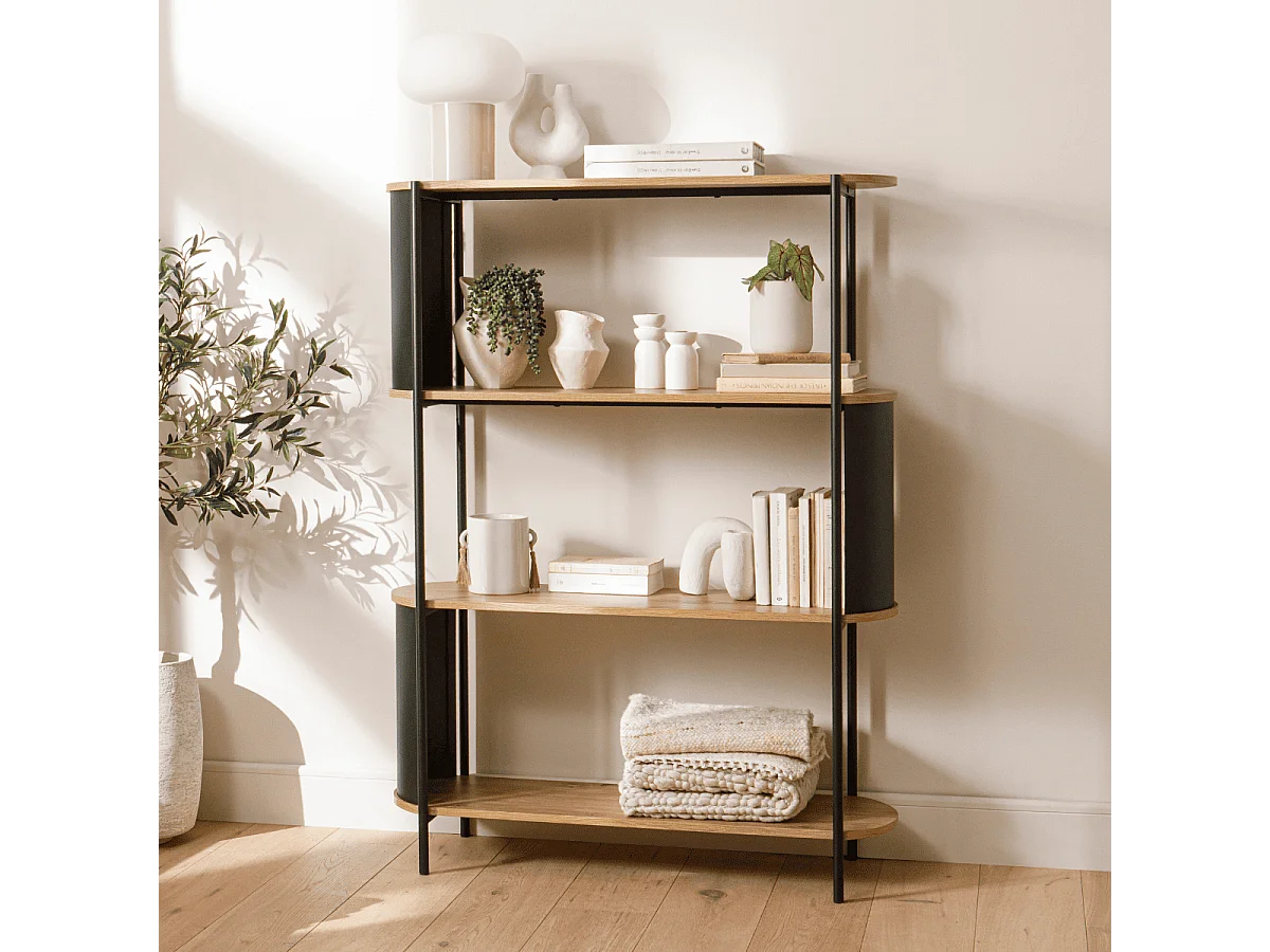 Etagère 4 niveaux décor bois avec flancs en métal noir H134 cm - EKLO