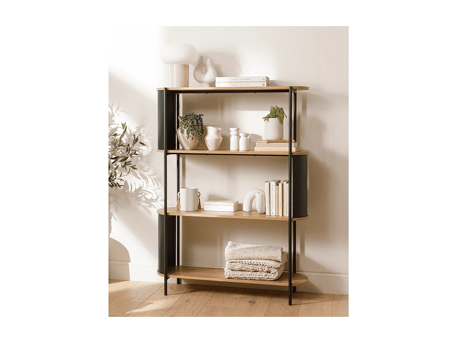 Etagère 4 niveaux décor bois avec flancs en métal noir H134 cm - EKLO