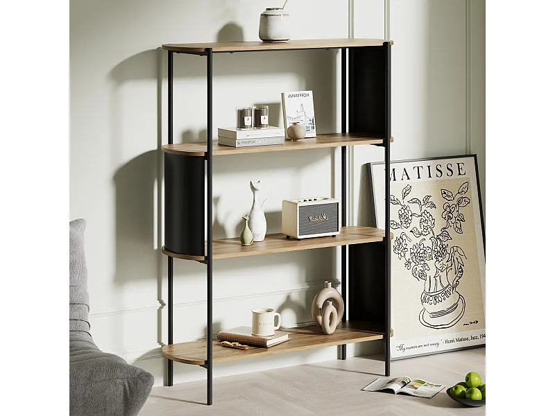 Wandrek met 4 niveaus in houtdecor met zwarte metalen zijkanten H133,5 cm - EKLO
