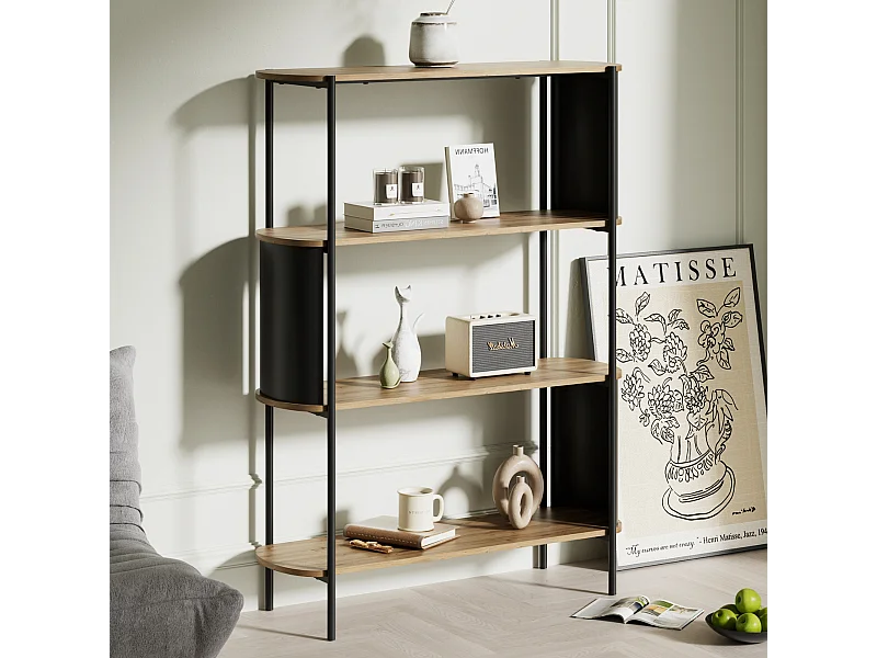 Etagère 4 niveaux décor bois avec flancs en métal noir H134 cm - EKLO