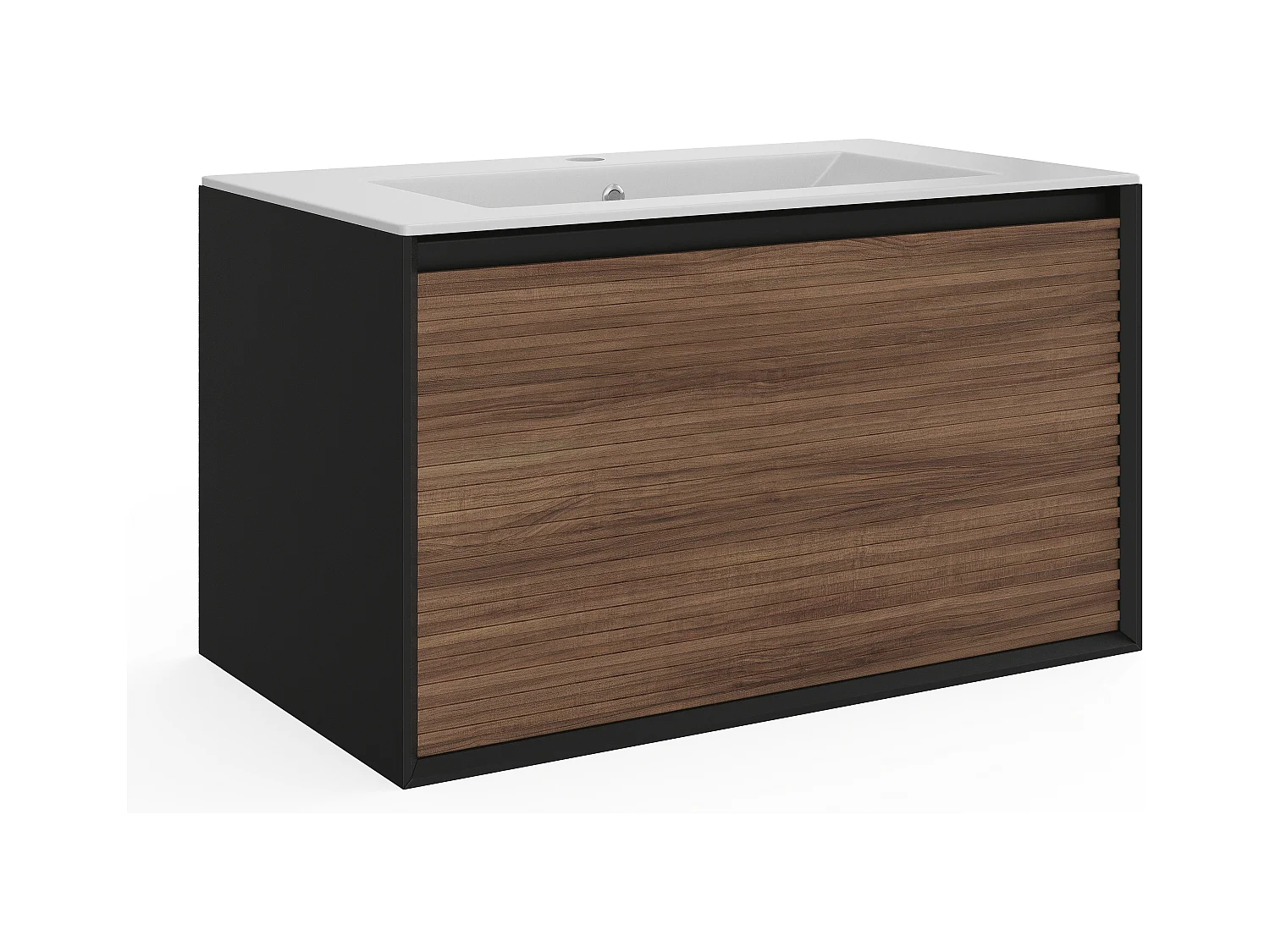 Meuble de salle de bain suspendu strié avec vasque à encastrer - Coloris naturel foncé et noir - 80 cm - BANIVA