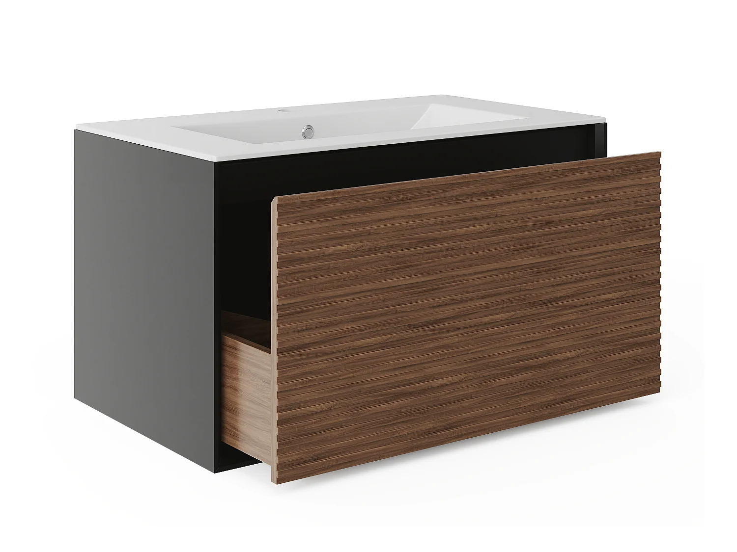 Meuble de salle de bain suspendu strié avec vasque à encastrer - Coloris naturel foncé et noir - 80 cm - BANIVA