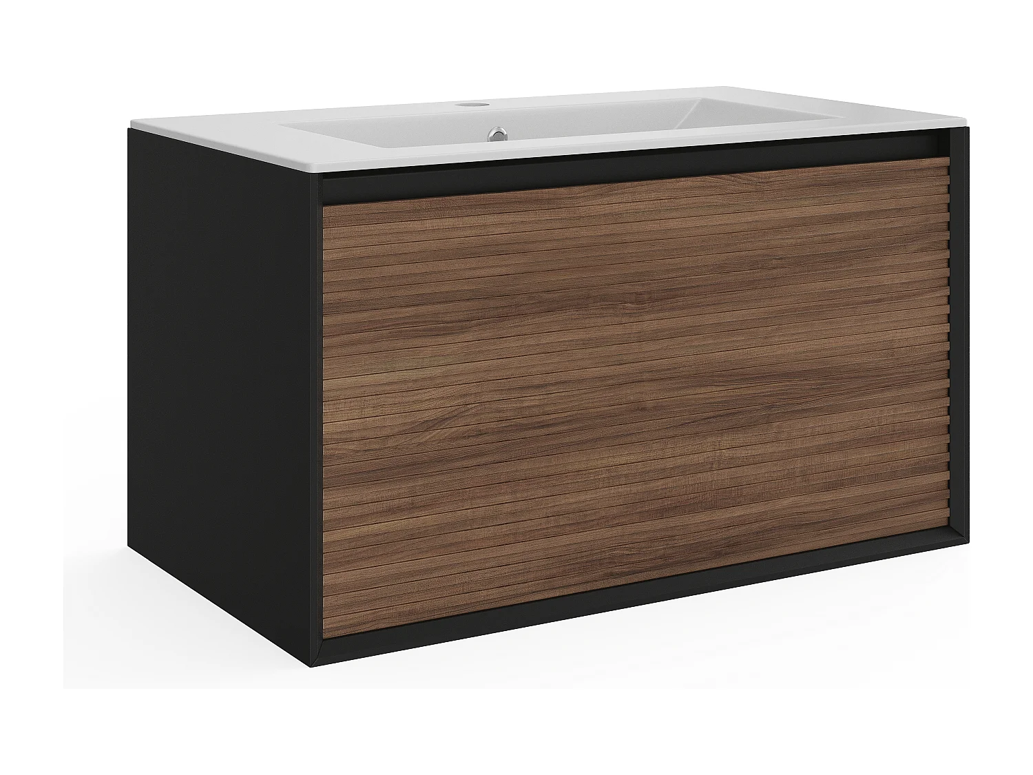 Upphängd randig badrumsmöbel med inbyggd tvättfat - Mörknat naturligt och svart utförande - 80 cm - BANIVA