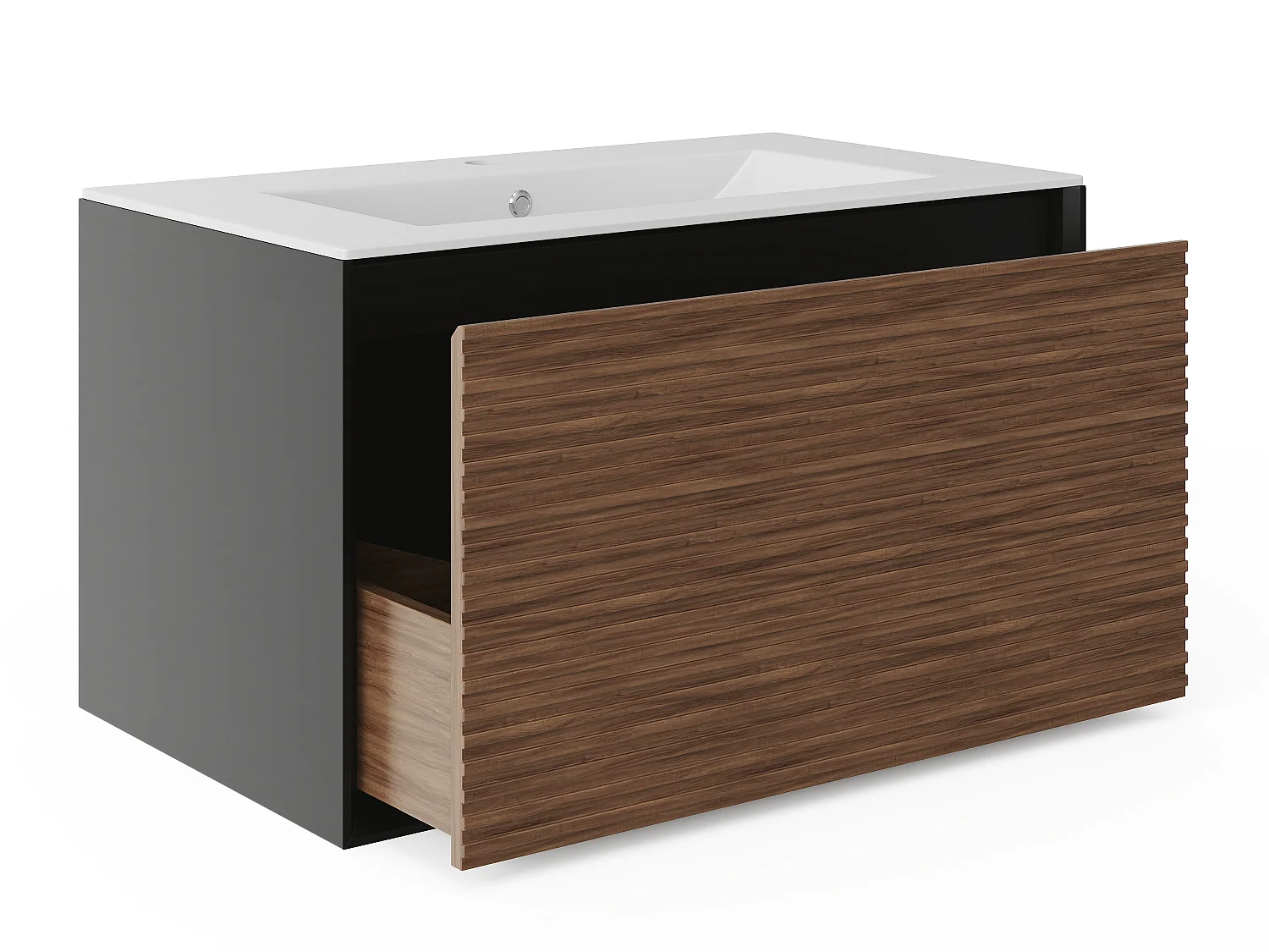 Upphängd randig badrumsmöbel med inbyggd tvättfat - Mörknat naturligt och svart utförande - 80 cm - BANIVA